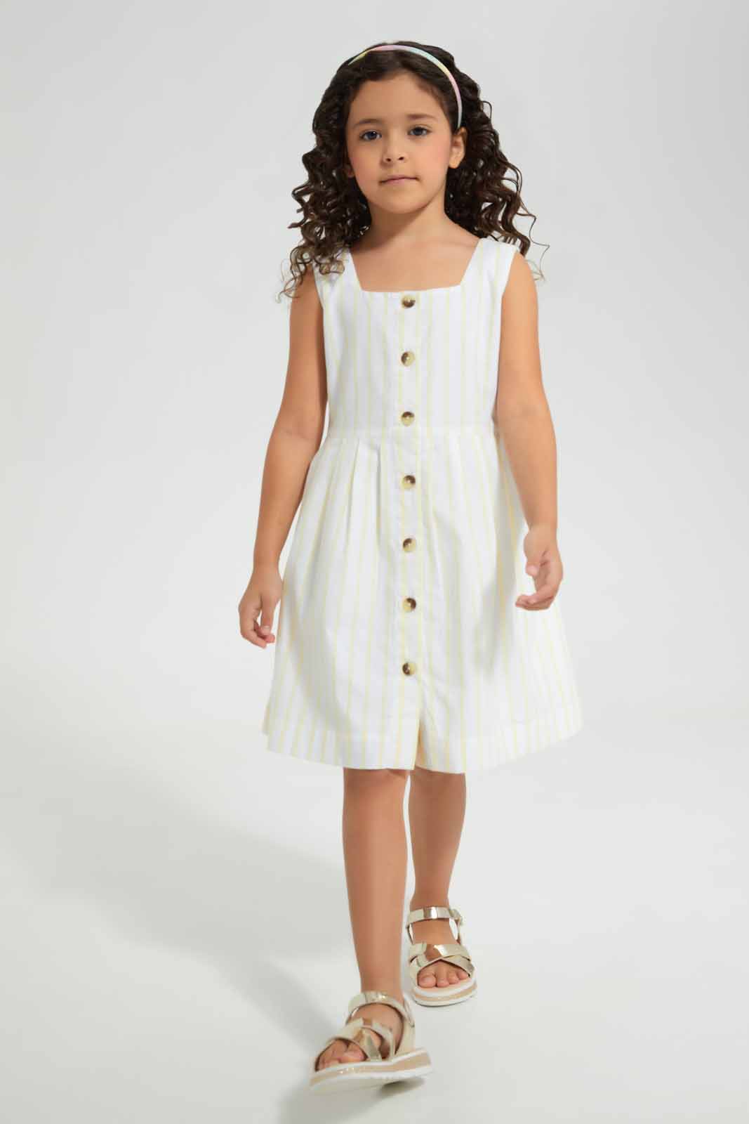 Redtag-Yellow-Stripe-Dress-Category:Dresses,-Colour:Yellow,-Deals:New-In,-Filter:Girls-(2-to-8-Yrs),-GIR-Dresses,-New-In-GIR-APL,-Non-Sale,-Section:Girls-(0-to-14Yrs),-W22O-Girls-2 to 8 Years