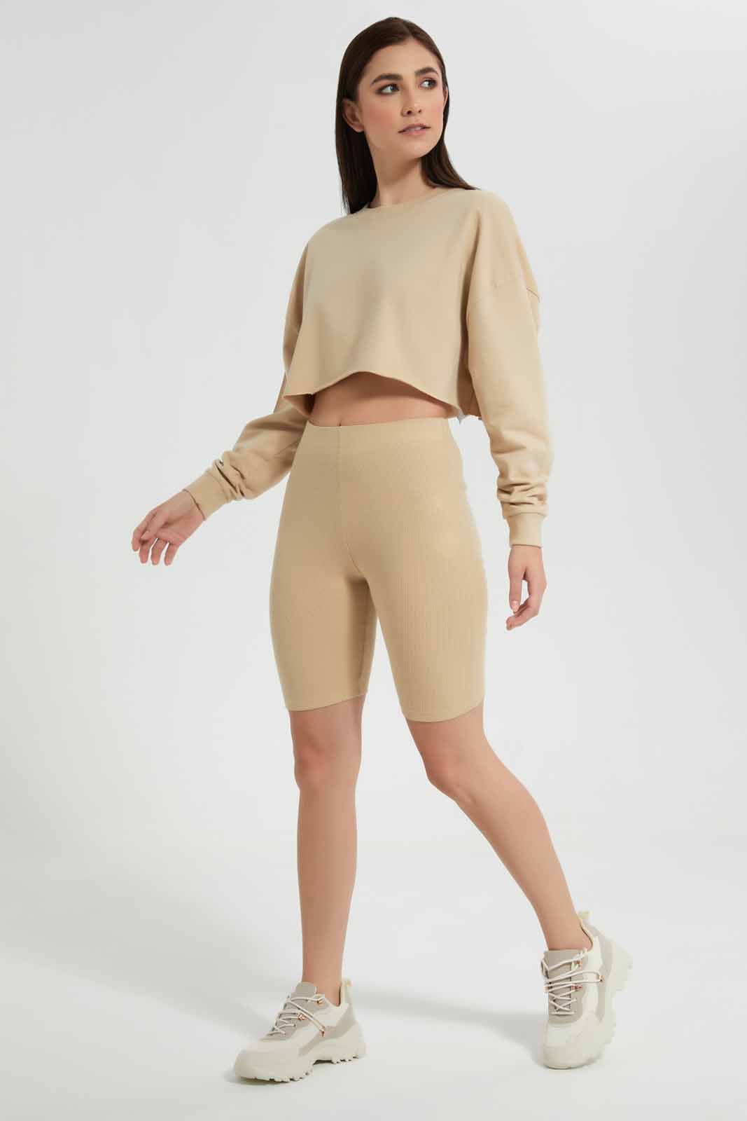 Redtag-Beige-Ribbed-Cycle-Shorts-Category:Shorts,-Colour:Beige,-Deals:New-In,-Filter:Women's-Clothing,-New-In-Women,-Non-Sale,-Section:Women,-W22O,-Women-Shorts-Women's-
