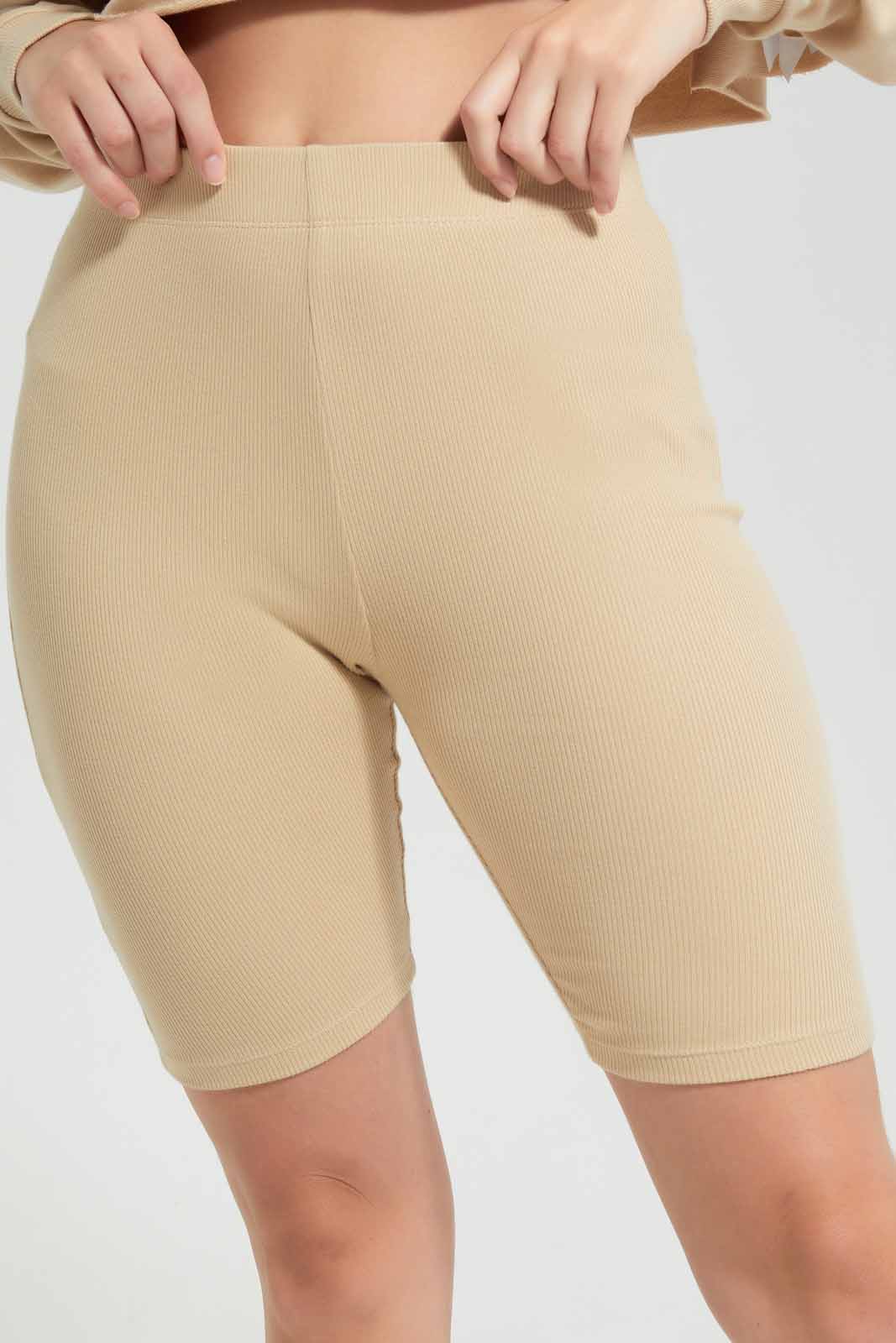 Redtag-Beige-Ribbed-Cycle-Shorts-Category:Shorts,-Colour:Beige,-Deals:New-In,-Filter:Women's-Clothing,-New-In-Women,-Non-Sale,-Section:Women,-W22O,-Women-Shorts-Women's-