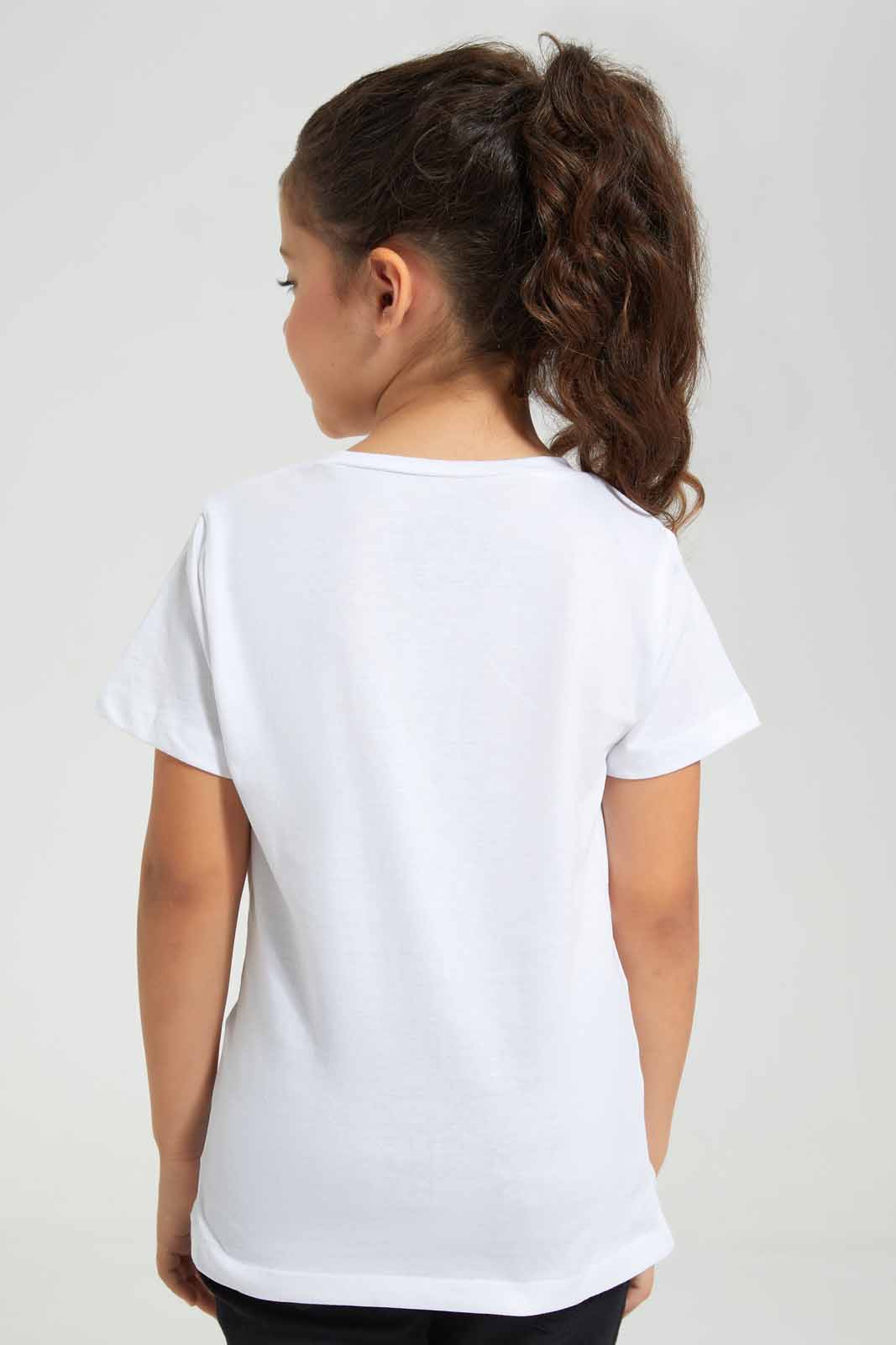 Redtag-White-Basic---Girl-Graphic-Tee-Category:T-Shirts,-Colour:White,-Deals:New-In,-Filter:Girls-(2-to-8-Yrs),-GIR-T-Shirts,-New-In-GIR-APL,-Non-Sale,-Section:Girls-(0-to-14Yrs),-TBL,-W22O-Girls-2 to 8 Years