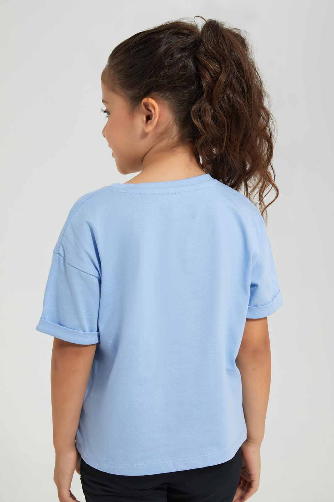 Redtag-Blue-Boxy-Tee---Floral-Placement-Category:T-Shirts,-Colour:Blue,-Deals:New-In,-Filter:Girls-(2-to-8-Yrs),-GIR-T-Shirts,-New-In-GIR-APL,-Non-Sale,-Section:Girls-(0-to-14Yrs),-TBL,-W22O-Girls-2 to 8 Years