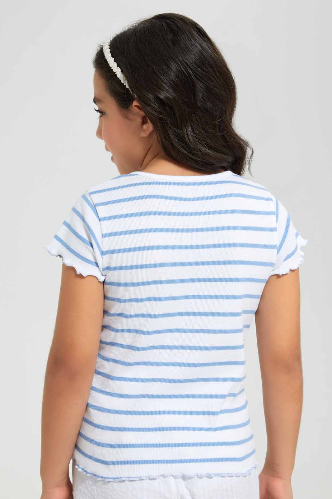 Redtag-White-/-Blue-Stripe-RIB-TEE-Category:T-Shirts,-Colour:Green,-Deals:New-In,-Filter:Girls-(2-to-8-Yrs),-GIR-T-Shirts,-New-In-GIR-APL,-Non-Sale,-Section:Girls-(0-to-14Yrs),-TBL,-W22O-Girls-2 to 8 Years