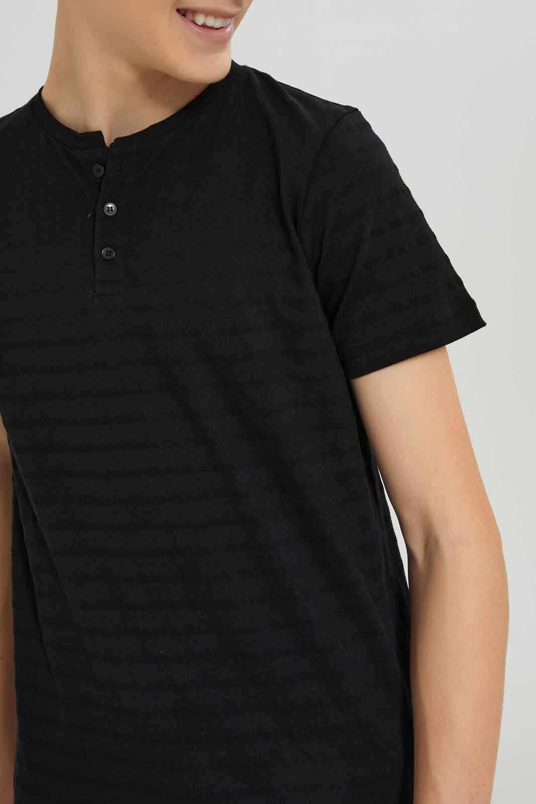 Redtag-Black-Jacquard-Henley-Tshirt-BSR-T-Shirts,-BTS,-Category:T-Shirts,-Colour:Black,-Deals:New-In,-Dept:Boys,-Filter:Senior-Boys-(8-to-14-Yrs),-New-In-BSR-APL,-Non-Sale,-Section:Boys-(0-to-14Yrs),-TBL,-W22O-Senior-Boys-9 to 14 Years