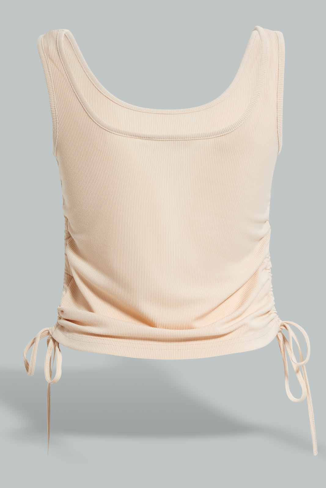 Redtag-Nude-Side-Tie-Ruched-T-Shirt-Category:Vests,-Colour:Beige,-Deals:New-In,-Filter:Women's-Clothing,-New-In-Women-APL,-Non-Sale,-Section:Women,-W22A,-Women-Vests-Women's-