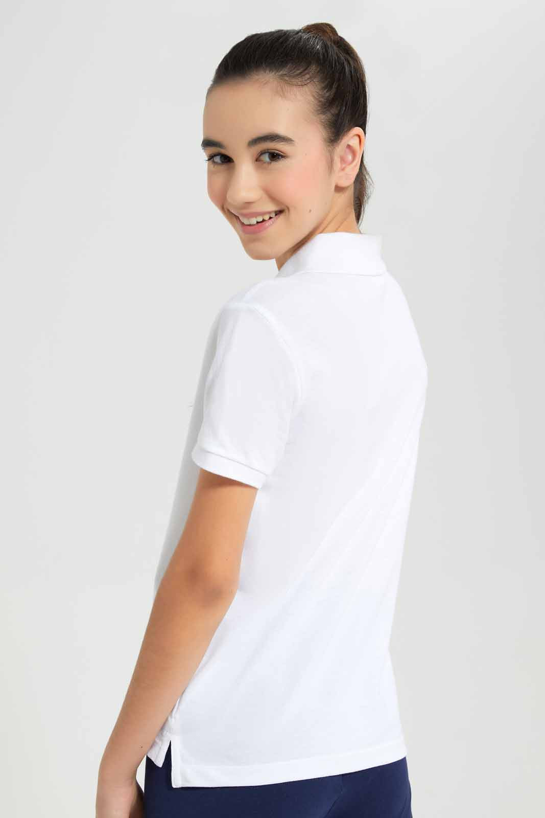 Redtag-White-Pique-Polo-Category:T-Shirts,-Colour:White,-Deals:New-In,-Filter:Senior-Girls-(9-to-14-Yrs),-GSR-T-Shirts,-New-In-GSR-APL,-Non-Sale,-Section:Girls-(0-to-14Yrs),-TBL,-W22O-Senior-Girls-9 to 14 Years