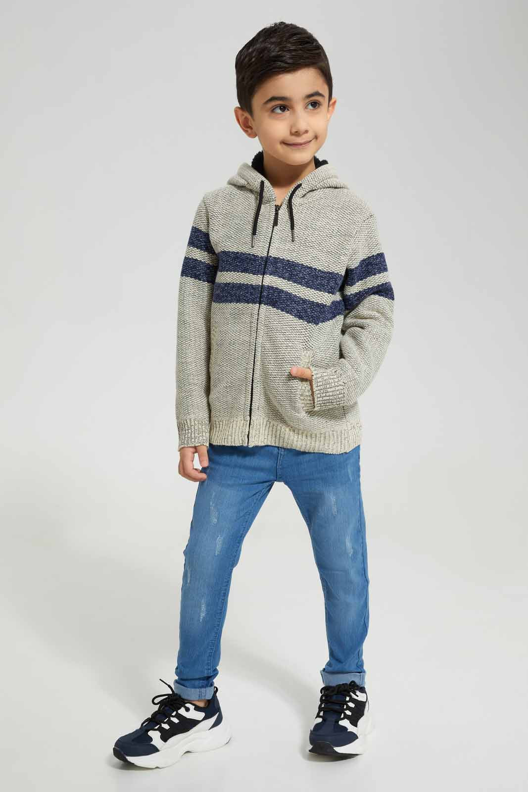 Redtag-Beige-Stripe-Hooded-Fur-Linned-Zip-Through-Cardigan-BOY-Cardigans,-Category:Cardigans,-Colour:Beige,-Deals:New-In,-EHW,-Filter:Boys-(2-to-8-Yrs),-New-In-BOY-APL,-Non-Sale,-Section:Boys-(0-to-14Yrs),-W22B-Boys-2 to 8 Years