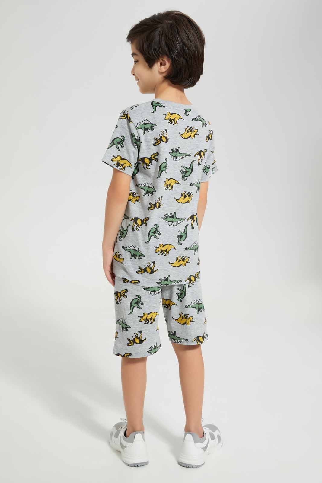 Redtag-Grey-Dino-All-Over-Print-T-Shirt-And-Short-PJ-BOY-Pyjama-Sets,-Category:Pyjama-Sets,-Colour:Grey,-Deals:New-In,-Filter:Boys-(2-to-8-Yrs),-New-In-BOY-APL,-Non-Sale,-Section:Boys-(0-to-14Yrs),-W22O-Boys-2 to 8 Years