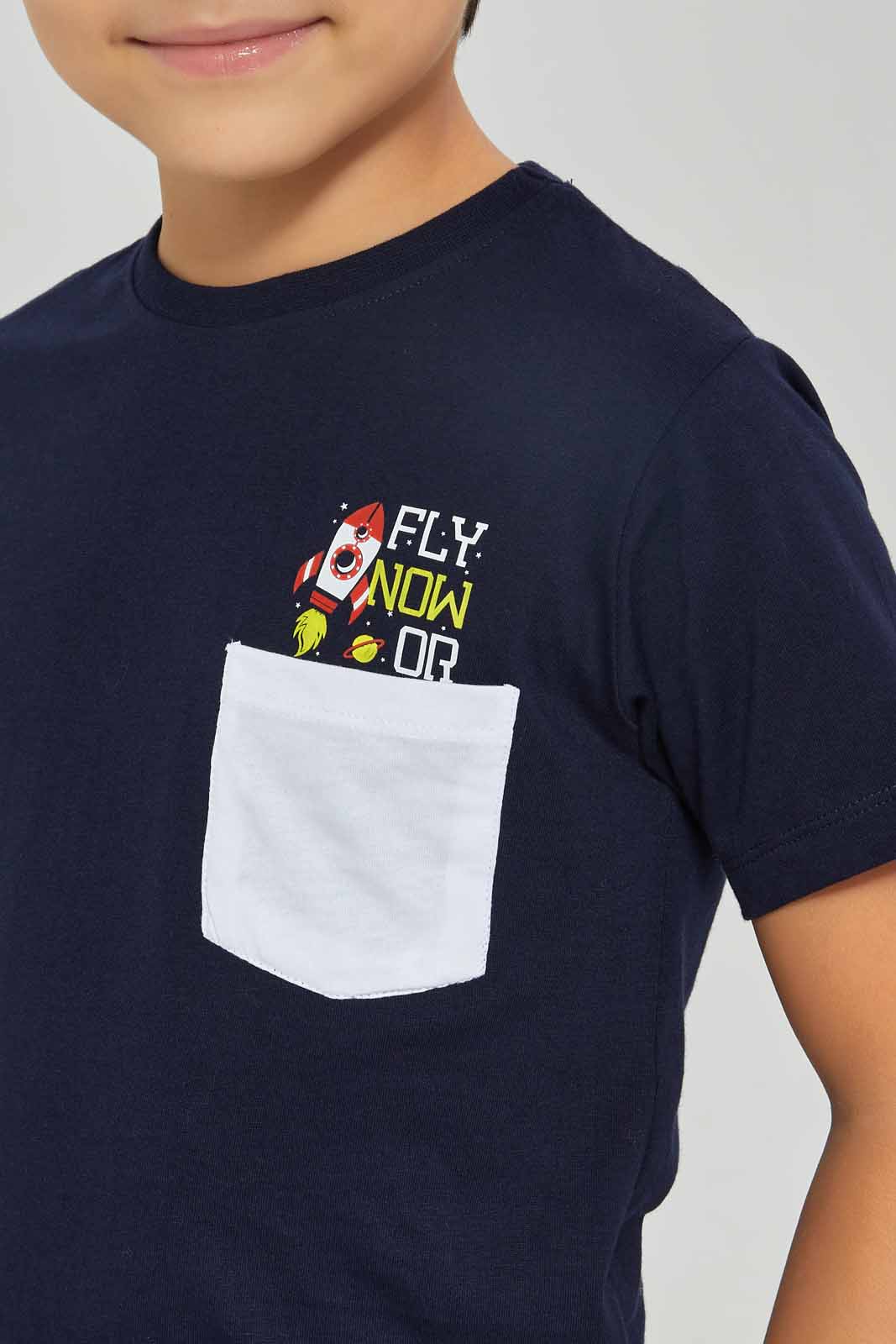 Redtag-Black-Print-Pocket-Short-Sleeve-T-Shirt-BOY-T-Shirts,-Category:T-Shirts,-Colour:Black,-Deals:New-In,-Dept:Boys,-Filter:Boys-(2-to-8-Yrs),-New-In-BOY-APL,-Non-Sale,-Section:Boys-(0-to-14Yrs),-TBL,-W22O-Boys-2 to 8 Years