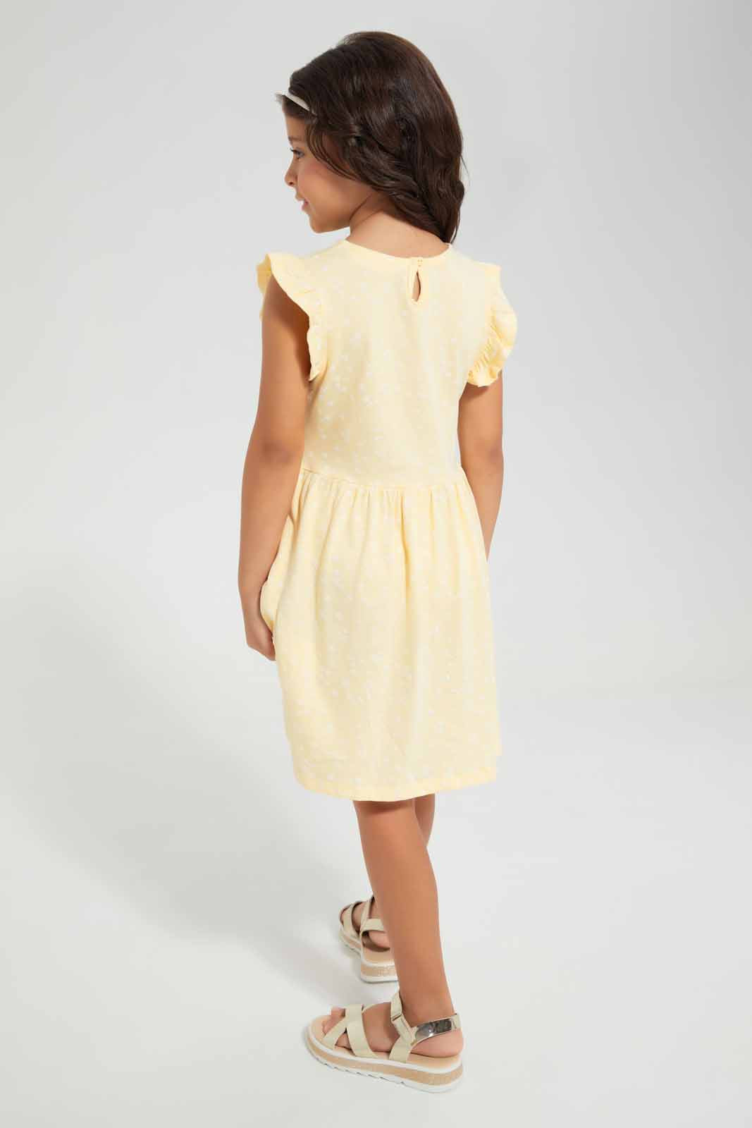 Redtag-Yellow-Ruffle-Dress--Microfloral-Yellow-Category:Dresses,-Colour:Yellow,-Deals:New-In,-Filter:Girls-(2-to-8-Yrs),-GIR-Dresses,-New-In-GIR-APL,-Non-Sale,-Section:Girls-(0-to-14Yrs),-VLM,-W22O-Girls-2 to 8 Years