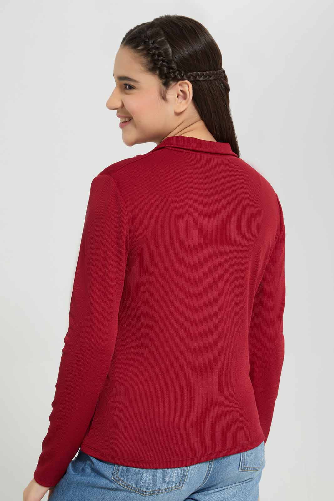 Redtag-Burgundy-Rib-T-Shirt-With-Zipper-Category:T-Shirts,-Colour:Burgundy,-Deals:New-In,-Filter:Senior-Girls-(8-to-14-Yrs),-GSR-T-Shirts,-New-In-GSR-APL,-Non-Sale,-Section:Girls-(0-to-14Yrs),-TBL,-W22A-Senior-Girls-9 to 14 Years