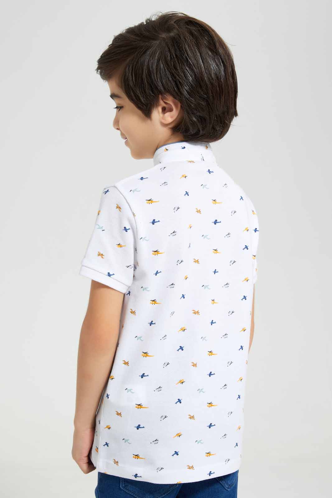 Redtag-White-AOP-Stand-Up-Collar-Polo-T-Shirt-BOY-Polo-T-Shirts,-Category:Polo-T-Shirts,-Colour:White,-Deals:New-In,-Filter:Boys-(2-to-8-Yrs),-New-In-BOY-APL,-Non-Sale,-Section:Boys-(0-to-14Yrs),-TBL,-W22A-Boys-2 to 8 Years