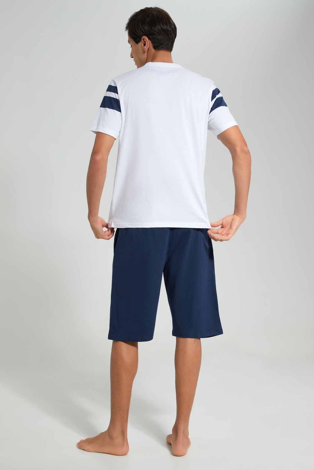 Redtag-White-T-Shirt-With-Navy-Shorts-Pyjama-Set-Category:Pyjama-Sets,-Colour:White,-Deals:New-In,-Filter:Men's-Clothing,-Men-Pyjama-Sets,-New-In-Men-APL,-Non-Sale,-Section:Men,-W22A-Men's-
