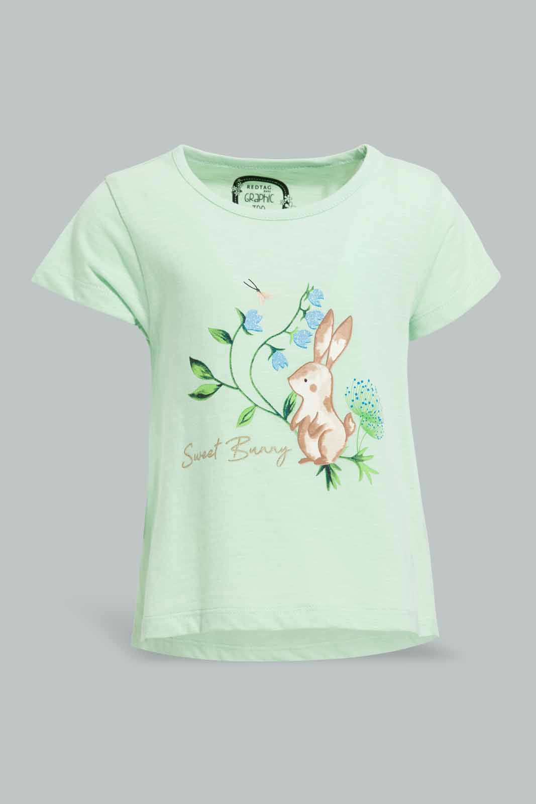 Redtag-Mint-Rabbit-T-Shirt-For-Baby-Girls-Category:T-Shirts,-Colour:Mint,-Deals:New-In,-Filter:Infant-Girls-(3-to-24-Mths),-ING-T-Shirts,-New-In-ING-APL,-Non-Sale,-Section:Girls-(0-to-14Yrs),-TBL,-W22A-Infant-Girls-3 to 24 Months