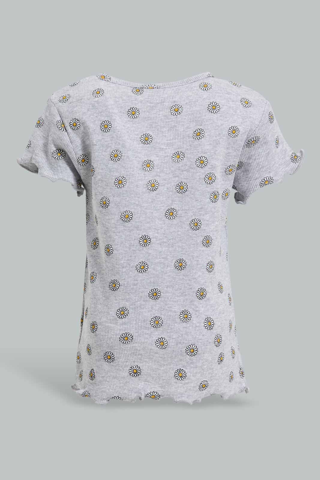 Redtag-Grey-Floral-AOP-Rib-T-Shirt-Category:T-Shirts,-Colour:Grey,-Deals:New-In,-Filter:Infant-Girls-(3-to-24-Mths),-ING-T-Shirts,-New-In-ING-APL,-Non-Sale,-Section:Girls-(0-to-14Yrs),-TBL,-W22A-Infant-Girls-3 to 24 Months