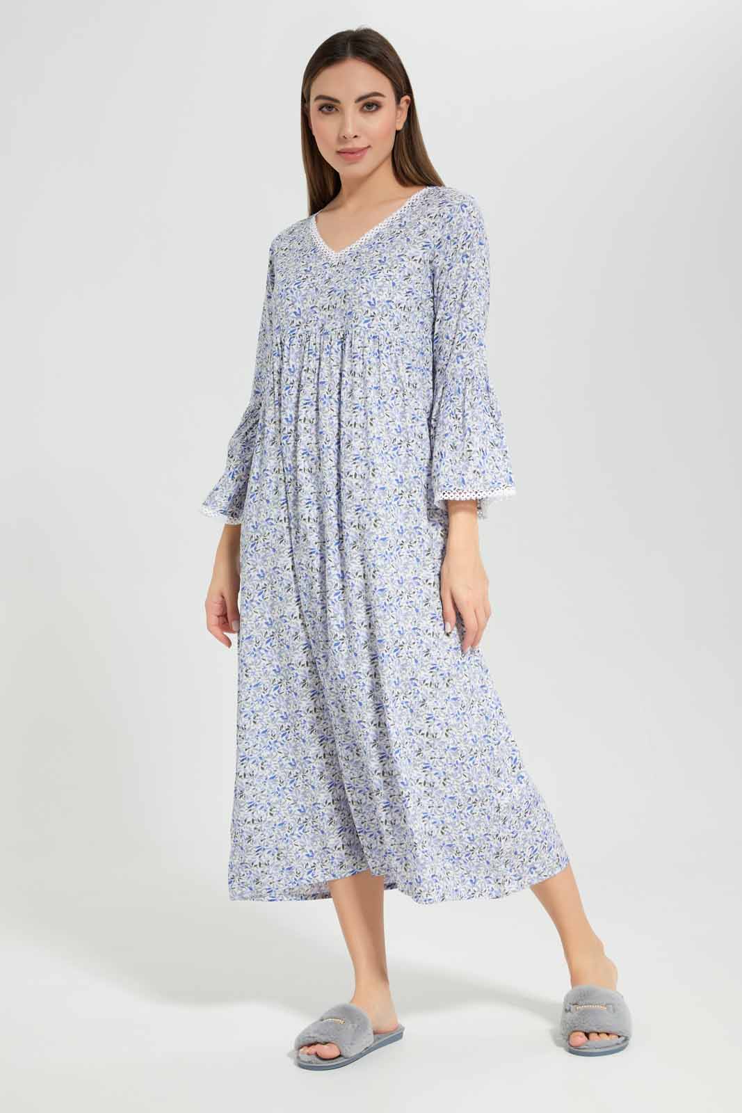 Redtag-Assorted-Long-Sleeve-Blue-Printed-Night-Gown-Category:Nightgowns,-Colour:Assorted,-Deals:New-In,-Filter:Women's-Clothing,-New-In-Women-APL,-Non-Sale,-Section:Women,-W22O,-Women-Nightgowns--