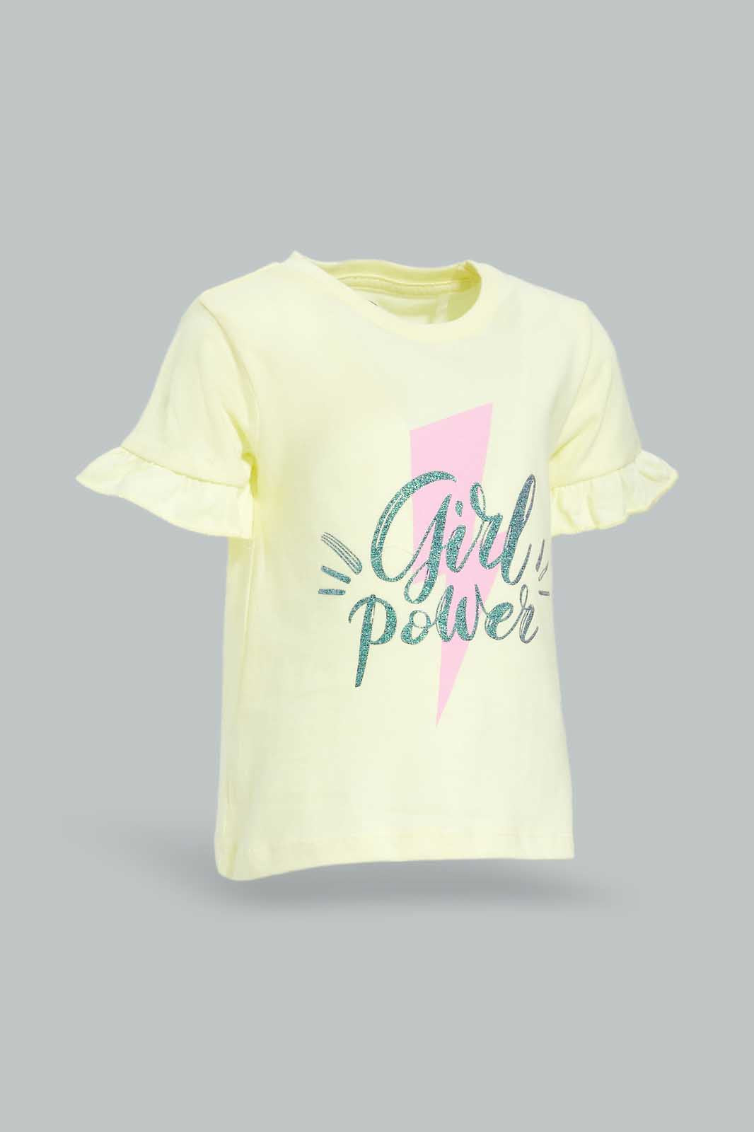 Redtag-Yellow-Girl-Power-Bell-Sleeves-Jersey-Top-Category:Blouses,-Colour:Yellow,-Deals:New-In,-Dept:Girls,-Filter:Infant-Girls-(3-to-24-Mths),-ING-Blouses,-New-In-ING-APL,-Non-Sale,-Section:Girls-(0-to-14Yrs),-TBL,-W22O-Infant-Girls-3 to 24 Months