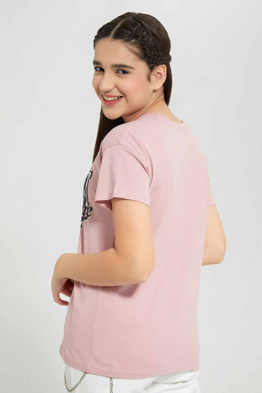 Redtag-Pink-Varsity-T-Shirt-Category:T-Shirts,-Colour:Apricot,-Deals:New-In,-Filter:Senior-Girls-(8-to-14-Yrs),-GSR-T-Shirts,-New-In-GSR-APL,-Non-Sale,-Section:Girls-(0-to-14Yrs),-TBL,-W22A-Senior-Girls-9 to 14 Years