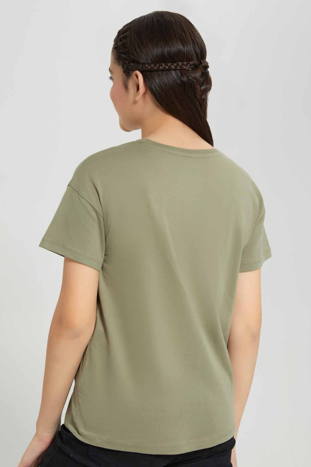 Redtag-Olive-Varsity-T-Shirt-Category:T-Shirts,-Colour:Olive,-Deals:New-In,-Filter:Senior-Girls-(8-to-14-Yrs),-GSR-T-Shirts,-New-In-GSR-APL,-Non-Sale,-Section:Girls-(0-to-14Yrs),-TBL,-W22A-Senior-Girls-9 to 14 Years