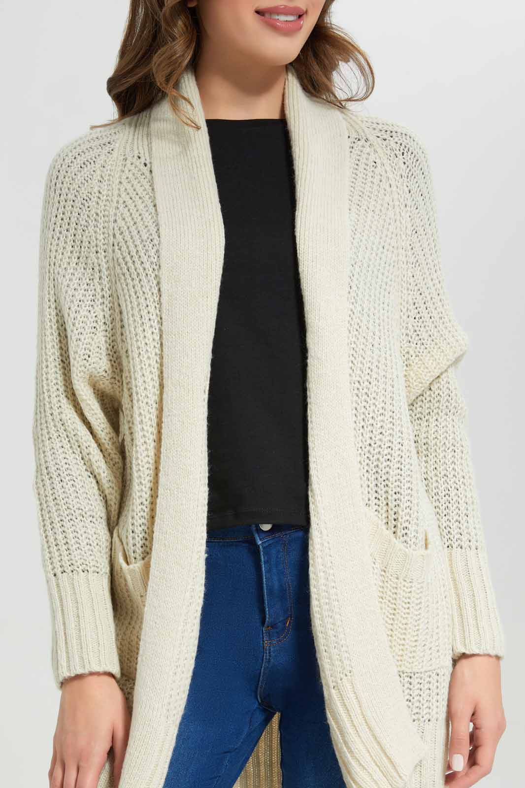 Redtag-Ivory-Longline-Knit-Cardigan-With-Front-Pocket-Category:Cardigans,-Colour:Ivory,-Deals:New-In,-Filter:Women's-Clothing,-New-In-Women-APL,-Non-Sale,-Section:Women,-W22B,-Women-Cardigans-Women's-