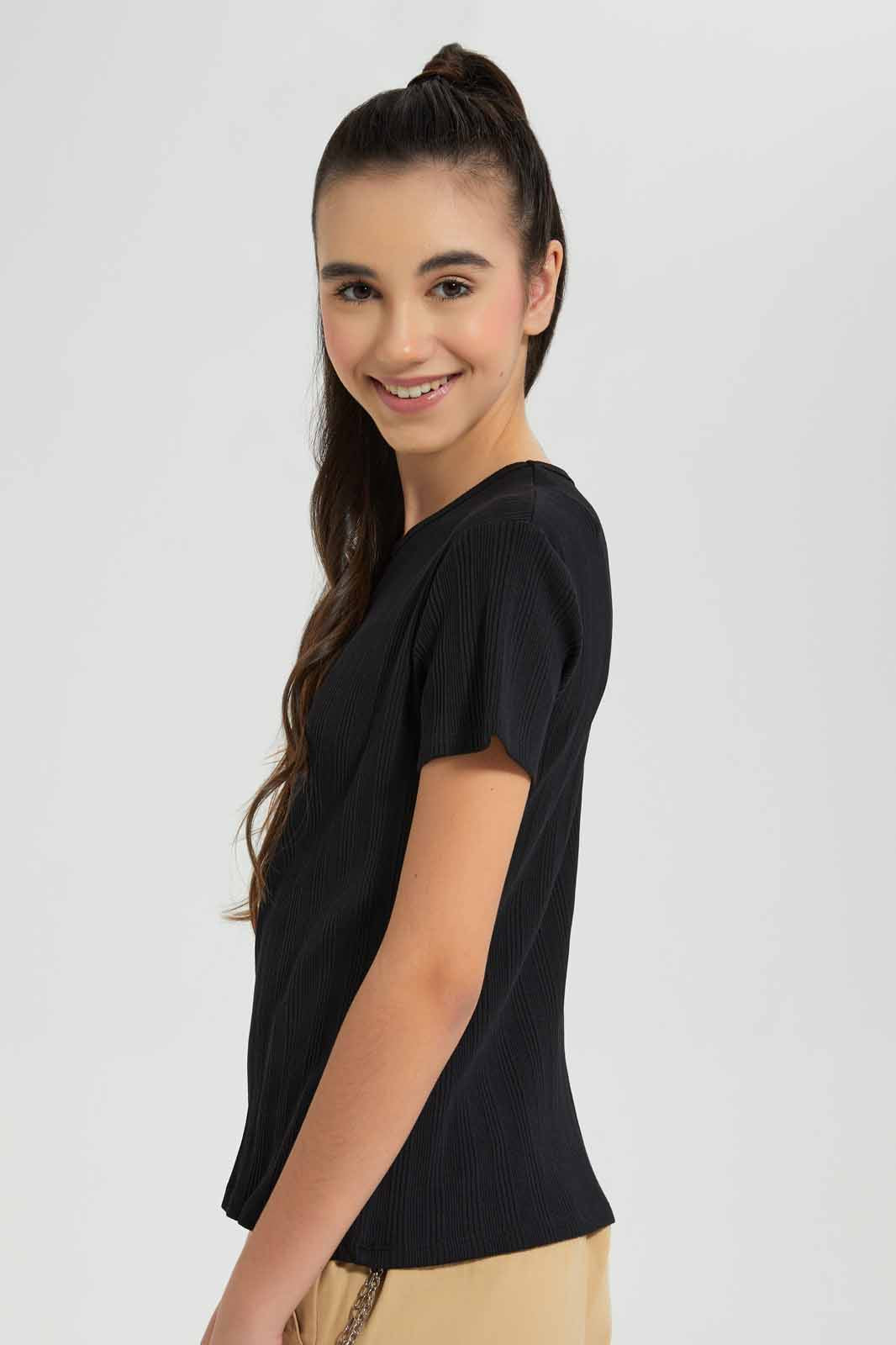 Redtag-Black-Rib-T-Shirt-Category:T-Shirts,-Colour:Black,-Deals:New-In,-Filter:Senior-Girls-(9-to-14-Yrs),-GSR-T-Shirts,-New-In-GSR-APL,-Non-Sale,-Section:Girls-(0-to-14Yrs),-TBL,-W22A-Senior-Girls-9 to 14 Years
