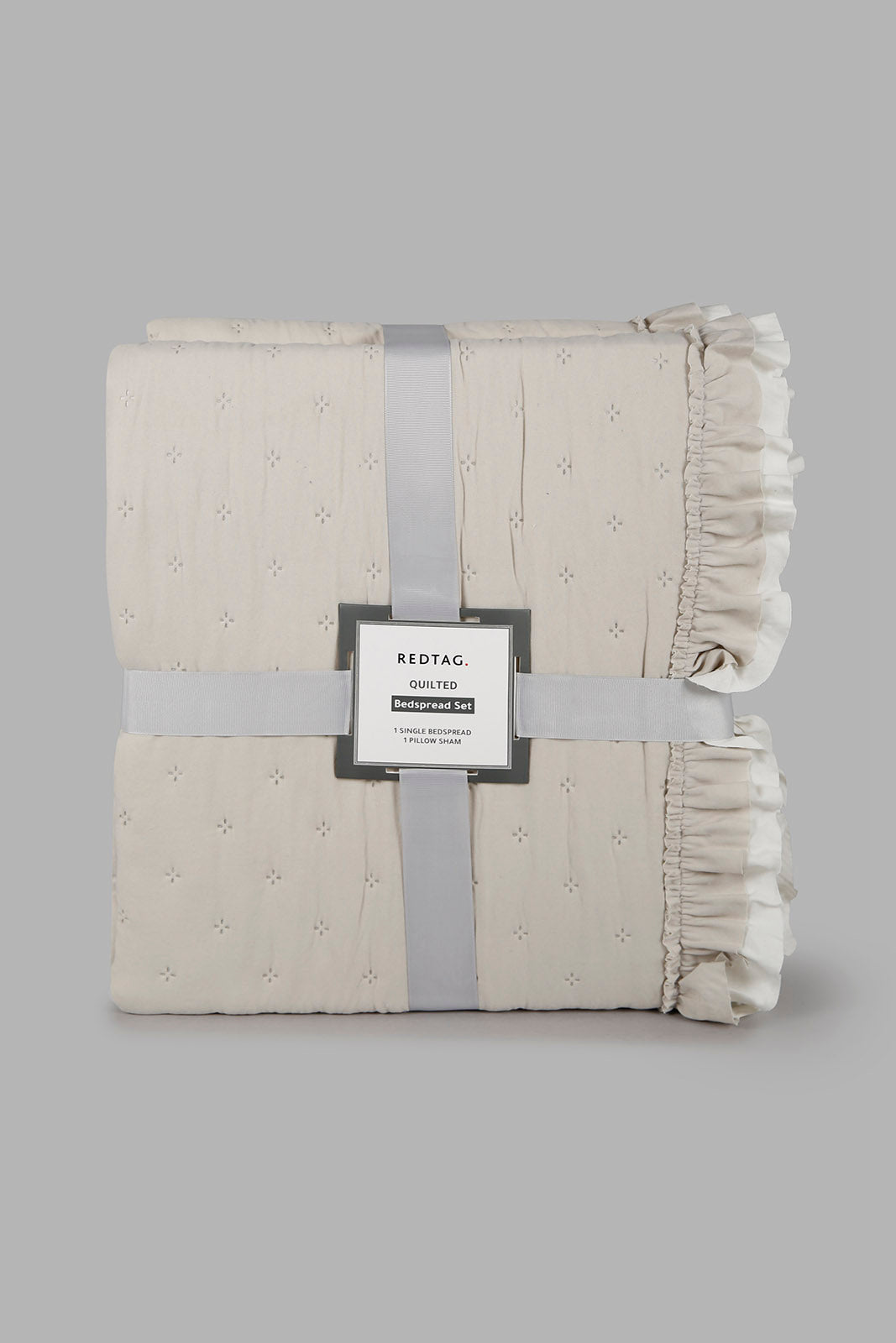 Redtag-Beige-2-Pc-Dotted-Bedspread-With-Ruffles-(Single-Size)-Category:Bedspreads,-Colour:Beige,-Deals:New-In,-Filter:Home-Bedroom,-HMW-BED-Bedspreads,-New-In-HMW-BED,-Non-Sale,-Section:Homewares,-W22B-Home-Bedroom-