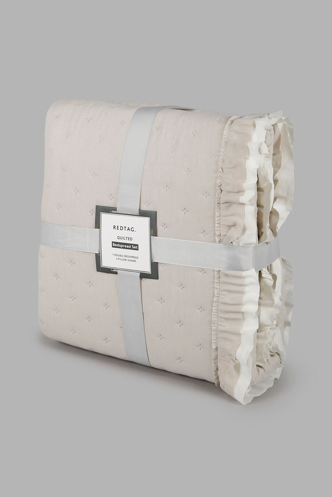 Redtag-Beige-3-Pc-Dotted-Bedspread-With-Ruffles-(Double-Size)-Category:Bedspreads,-Colour:Beige,-Deals:New-In,-Filter:Home-Bedroom,-HMW-BED-Bedspreads,-New-In-HMW-BED,-Non-Sale,-Section:Homewares,-W22B-Home-Bedroom-