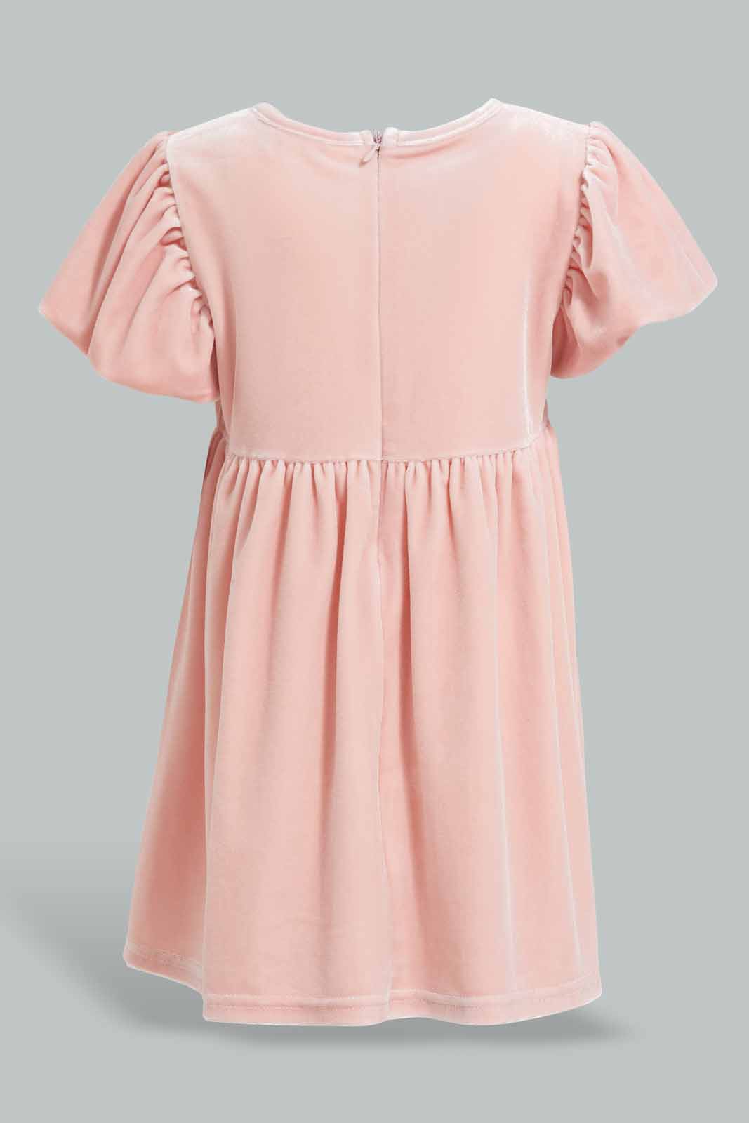 Redtag-Pink-Puff-Sleves-Velvet-Dress-Category:Dresses,-Colour:Apricot,-Deals:New-In,-Filter:Infant-Girls-(3-to-24-Mths),-ING-Dresses,-New-In-ING-APL,-Non-Sale,-Section:Girls-(0-to-14Yrs),-W22A-Infant-Girls-3 to 24 Months
