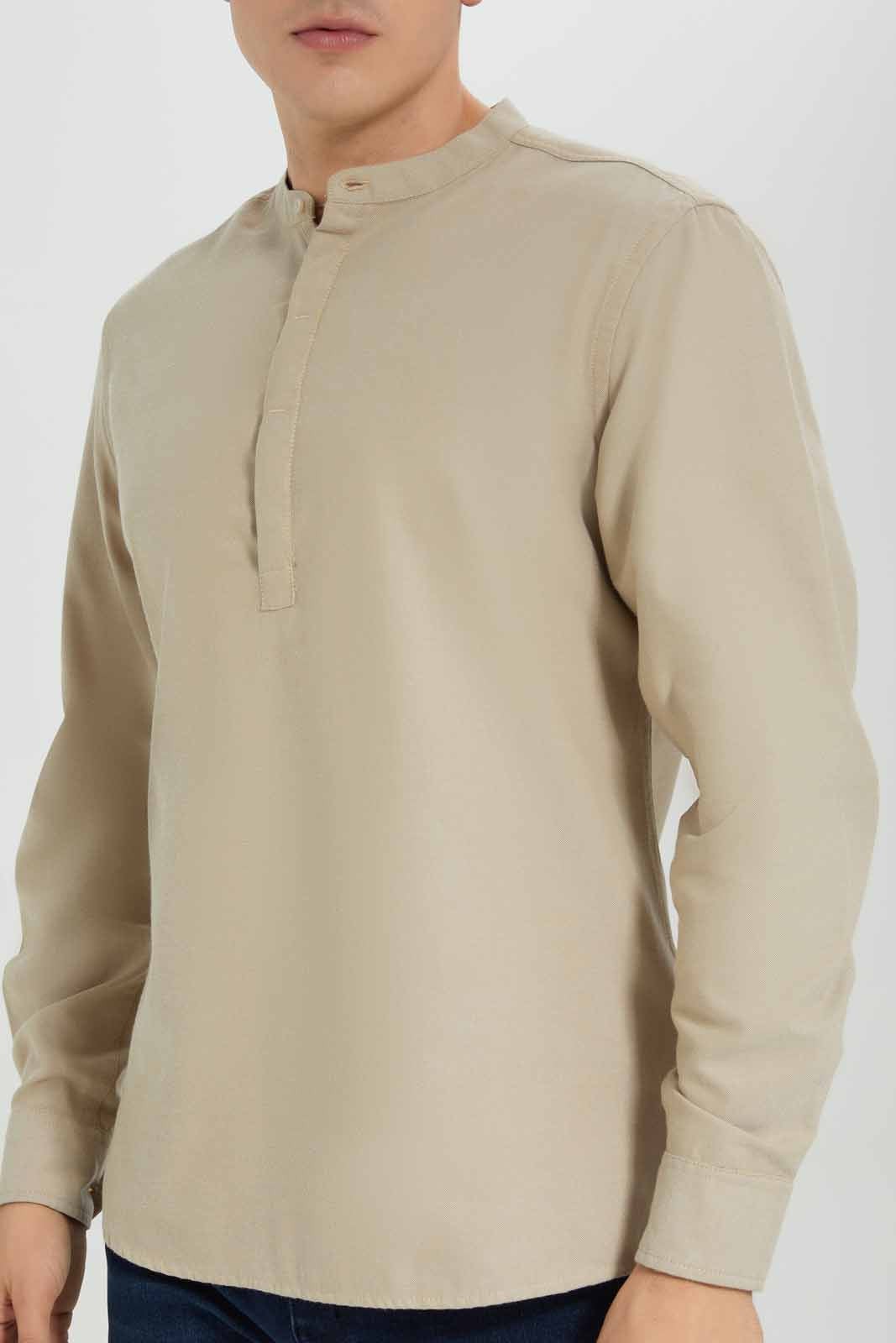Men Beige Mandarin Oxford Shirt