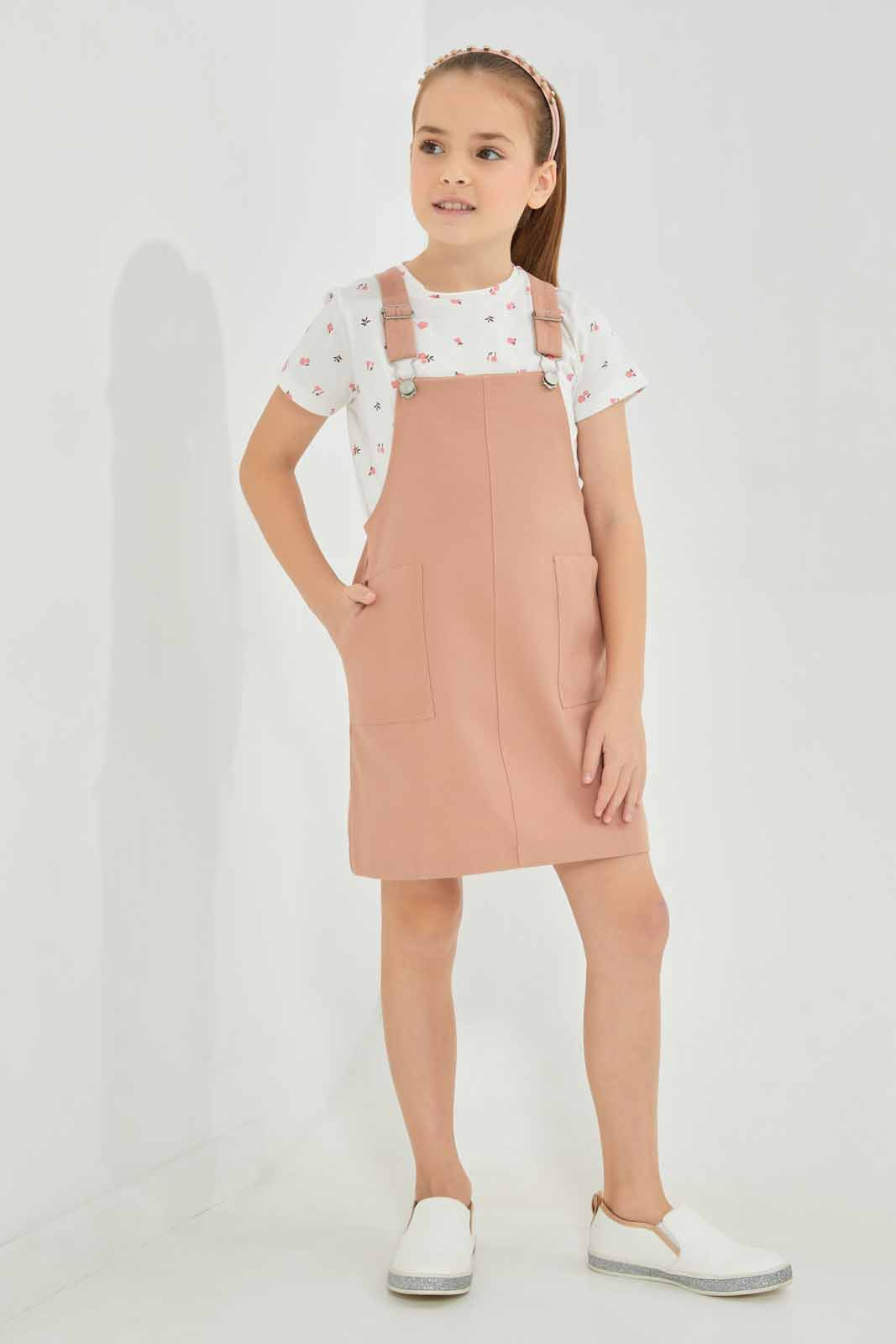 Girls White And Brown Dress Set With T-Shirt (2 Piece)