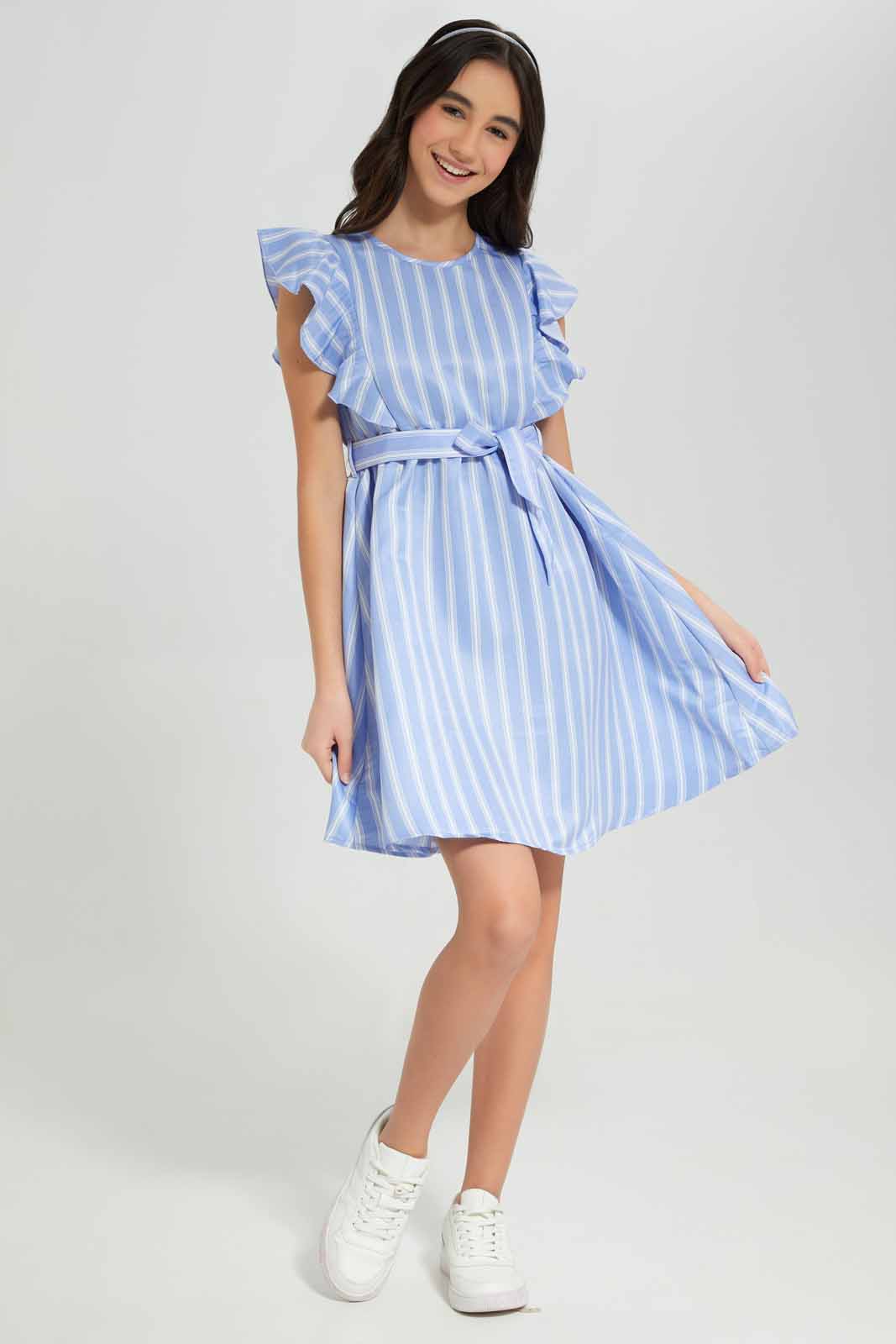 Redtag-Blue/White-Stripes-Ruffled-Front-Dress-Category:Dresses,-Colour:Assorted,-Deals:New-In,-Filter:Senior-Girls-(8-to-14-Yrs),-GSR-Dresses,-New-In-GSR-APL,-Non-Sale,-Section:Girls-(0-to-14Yrs),-W22A-Senior-Girls-9 to 14 Years