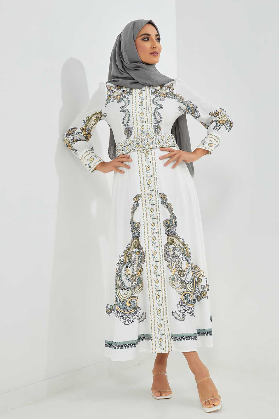 Women White Printed Belted Dress