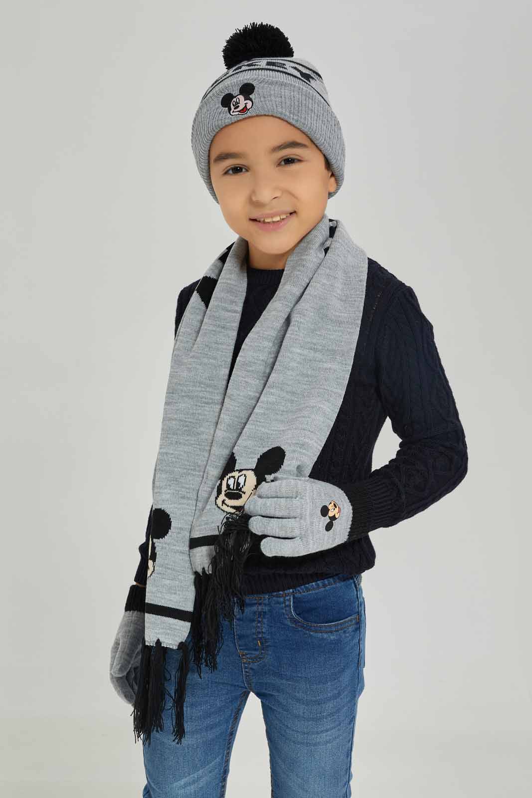 Boys Grey Mickey Mouse Scarf Set (3 Piece)
