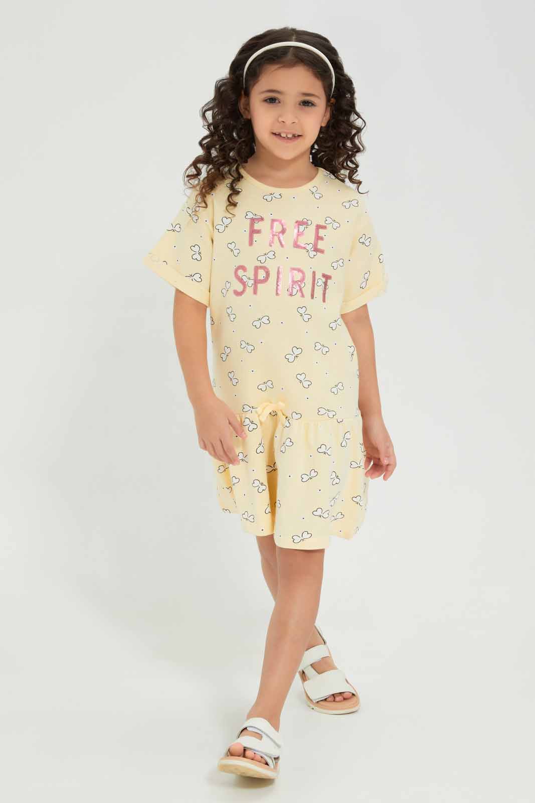 Redtag-Yellow-AOP-Dress-Category:Dresses,-Colour:Yellow,-Deals:New-In,-Filter:Girls-(2-to-8-Yrs),-GIR-Dresses,-New-In-GIR-APL,-Non-Sale,-Section:Girls-(0-to-14Yrs),-W22A-Girls-2 to 8 Years