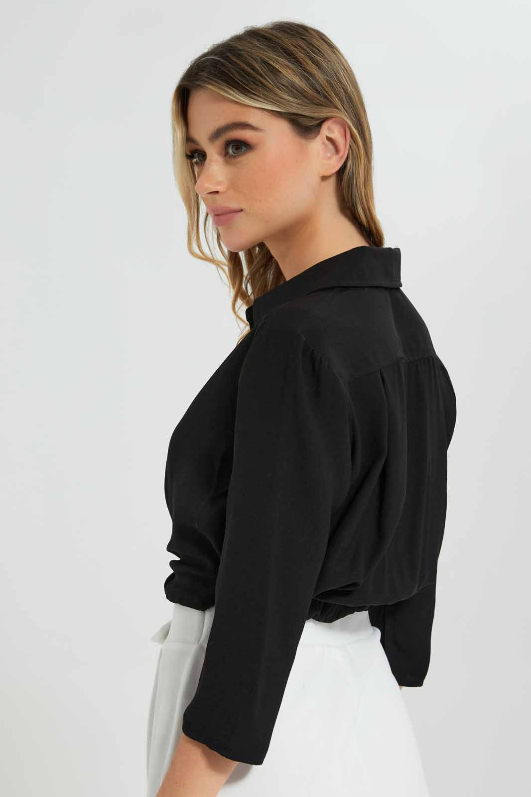 Redtag-Black-Cropped-Shirt-Category:Blouses,-Colour:Black,-Deals:New-In,-Filter:Women's-Clothing,-New-In-Women-APL,-Non-Sale,-Section:Women,-W22B,-Women-Blouses-Women's-