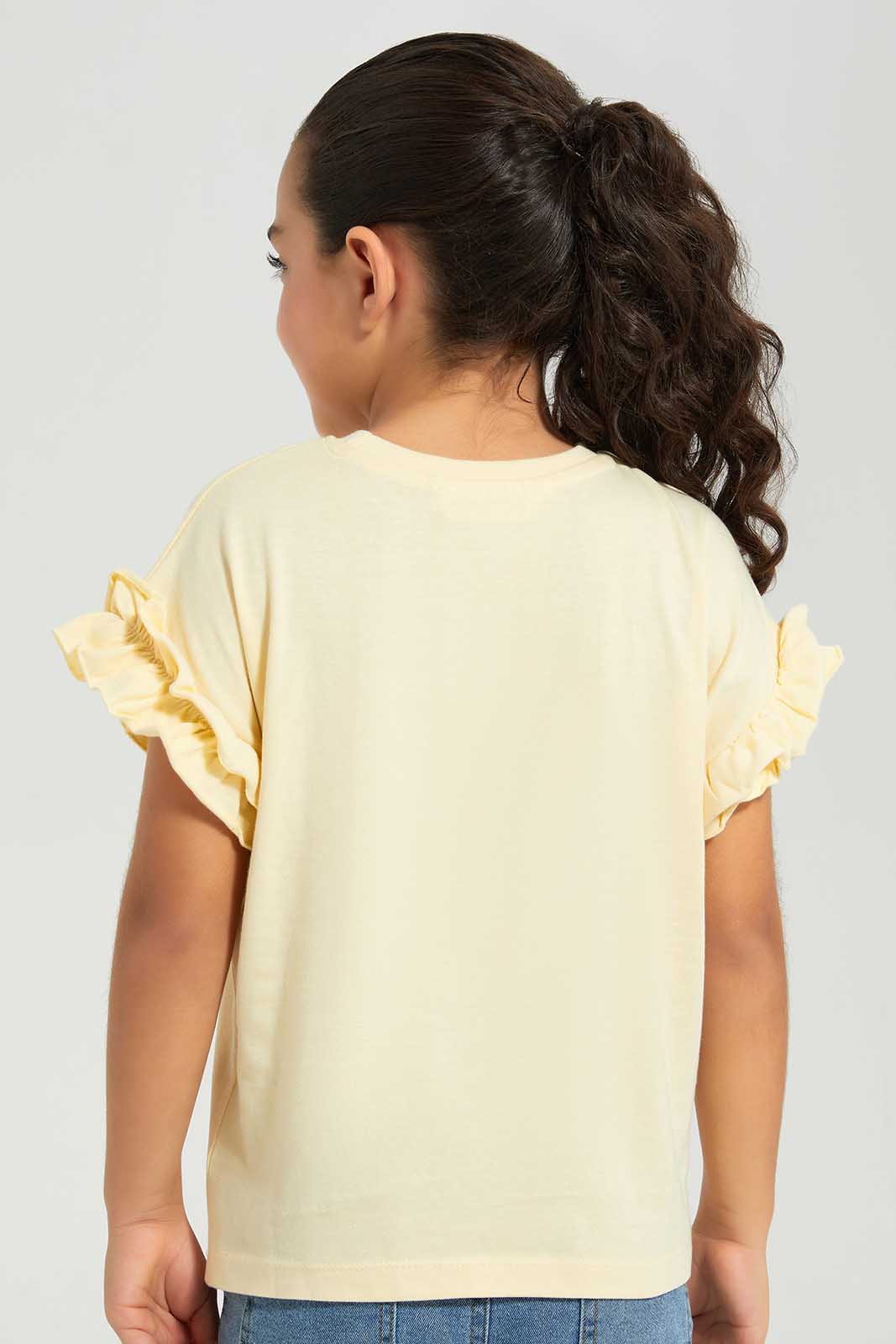 Redtag-Yellow-Embellished-T-shirt-Category:T-Shirts,-Colour:Yellow,-Deals:New-In,-Filter:Girls-(2-to-8-Yrs),-GIR-T-Shirts,-New-In-GIR-APL,-Non-Sale,-Section:Girls-(0-to-14Yrs),-W22A-Girls-2 to 8 Years
