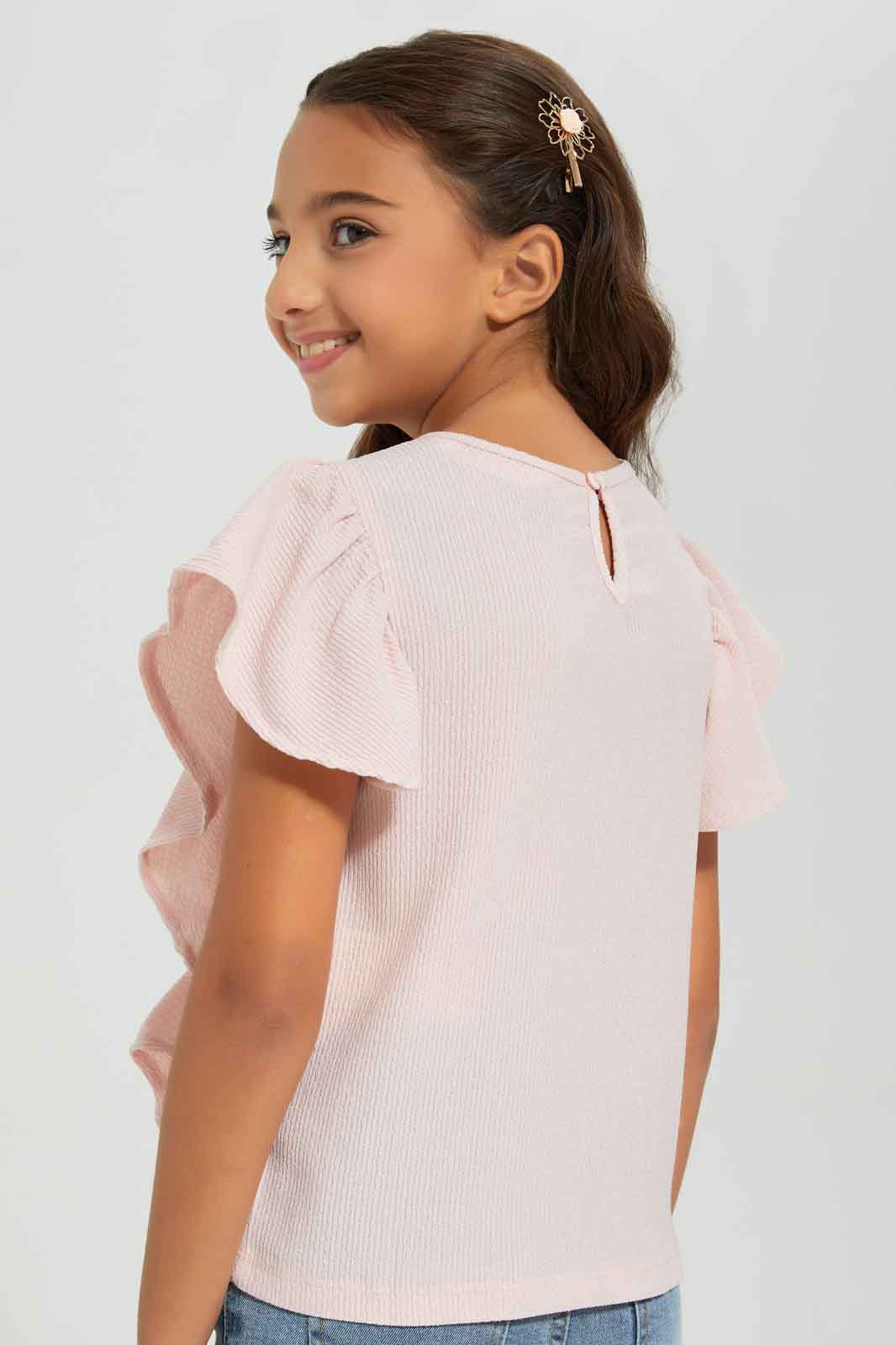 Redtag-Pink-T-shirt-With-Front-Pleats-Category:T-Shirts,-Colour:Apricot,-Deals:New-In,-Filter:Girls-(2-to-8-Yrs),-GIR-T-Shirts,-New-In-GIR-APL,-Non-Sale,-Section:Girls-(0-to-14Yrs),-W22A-Girls-2 to 8 Years