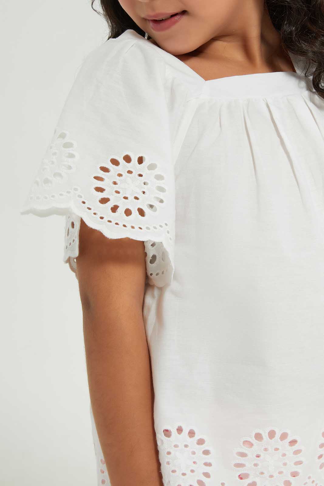 Girls White Schiffli Blouse