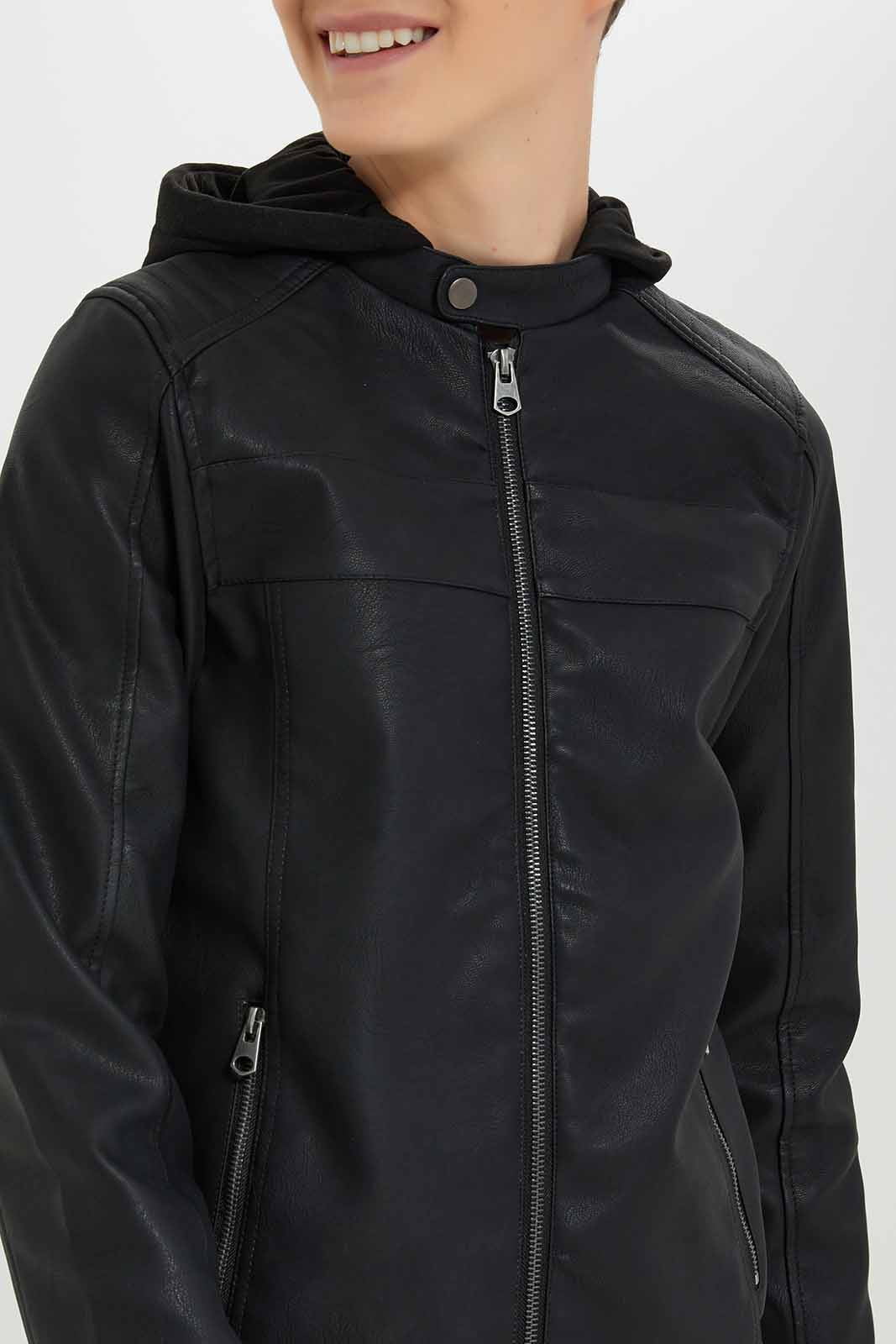 Redtag-Black-PU-Jacket-With-Hood-BSR-Jackets,-Category:Jackets,-Colour:Black,-Deals:New-In,-Dept:Boys,-Filter:Senior-Boys-(8-to-14-Yrs),-New-In-BSR-APL,-Non-Sale,-Section:Boys-(0-to-14Yrs),-W22B-Senior-Boys-9 to 14 Years