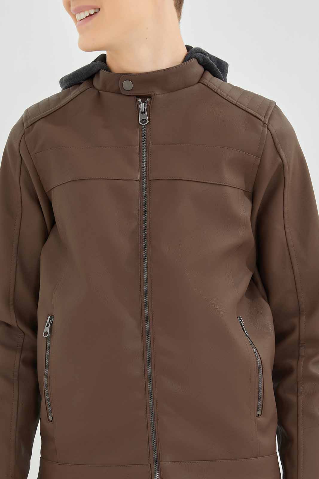 Redtag-Brown-PU-Jacket-With-Hood-BSR-Jackets,-Category:Jackets,-Colour:Brown,-Deals:New-In,-Dept:Boys,-Filter:Senior-Boys-(8-to-14-Yrs),-New-In-BSR-APL,-Non-Sale,-Section:Boys-(0-to-14Yrs),-W22B-Senior-Boys-9 to 14 Years