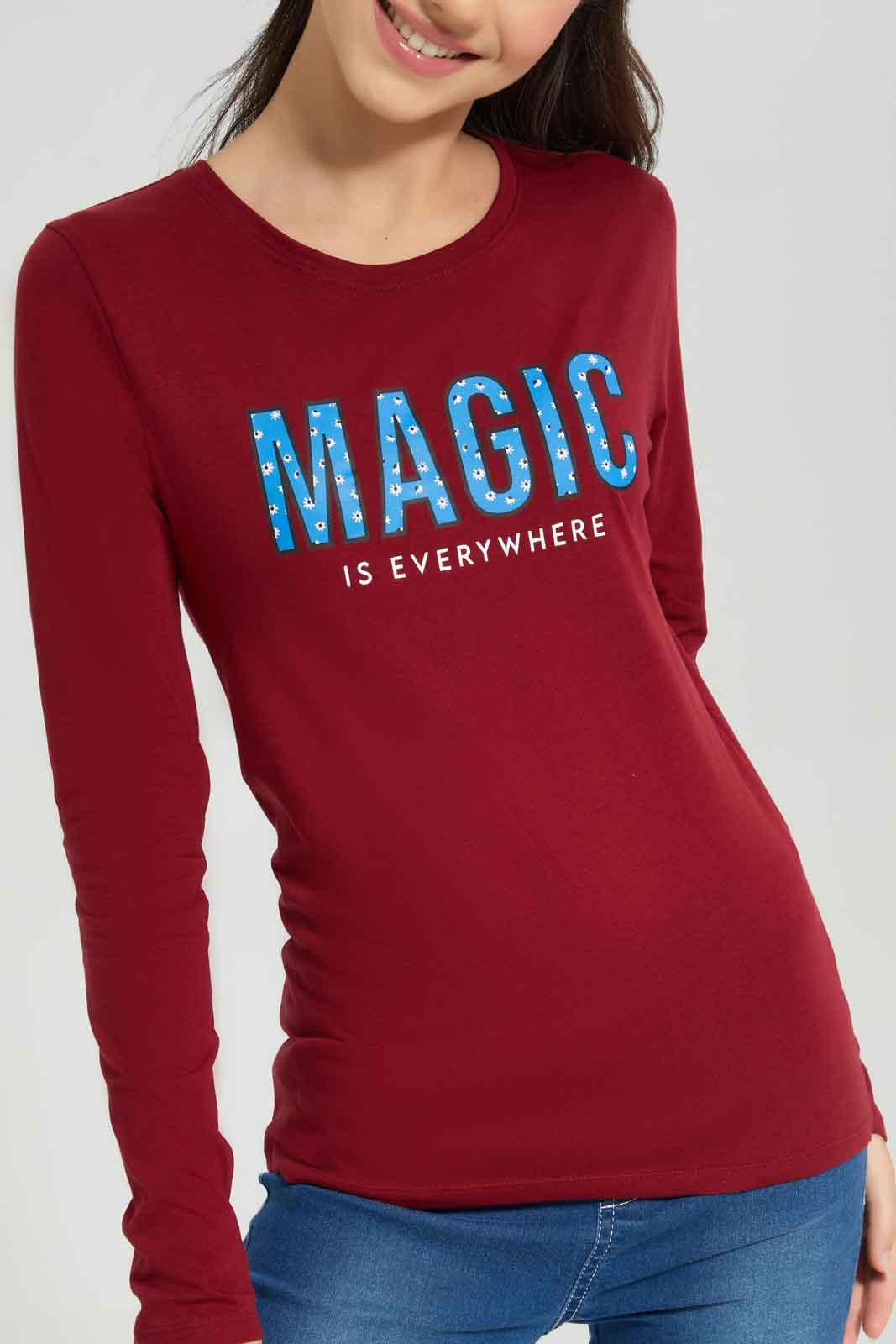 Redtag-Burgundy-L/s-Placement-Print-Top-Category:T-Shirts,-Colour:Burgundy,-Deals:New-In,-Dept:Girls,-Filter:Senior-Girls-(8-to-14-Yrs),-GSR-T-Shirts,-New-In-GSR-APL,-Non-Sale,-Section:Girls-(0-to-14Yrs),-TBL,-W22B-Senior-Girls-9 to 14 Years
