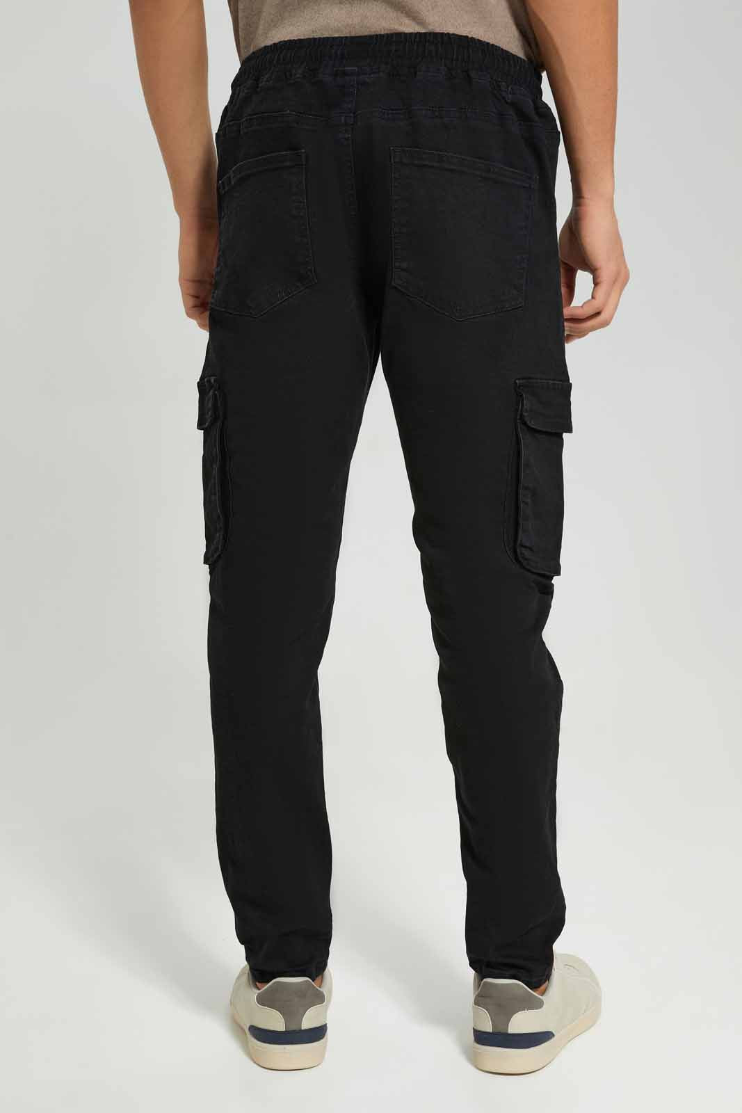 Men Black Cargo Pocket Pull On Jean