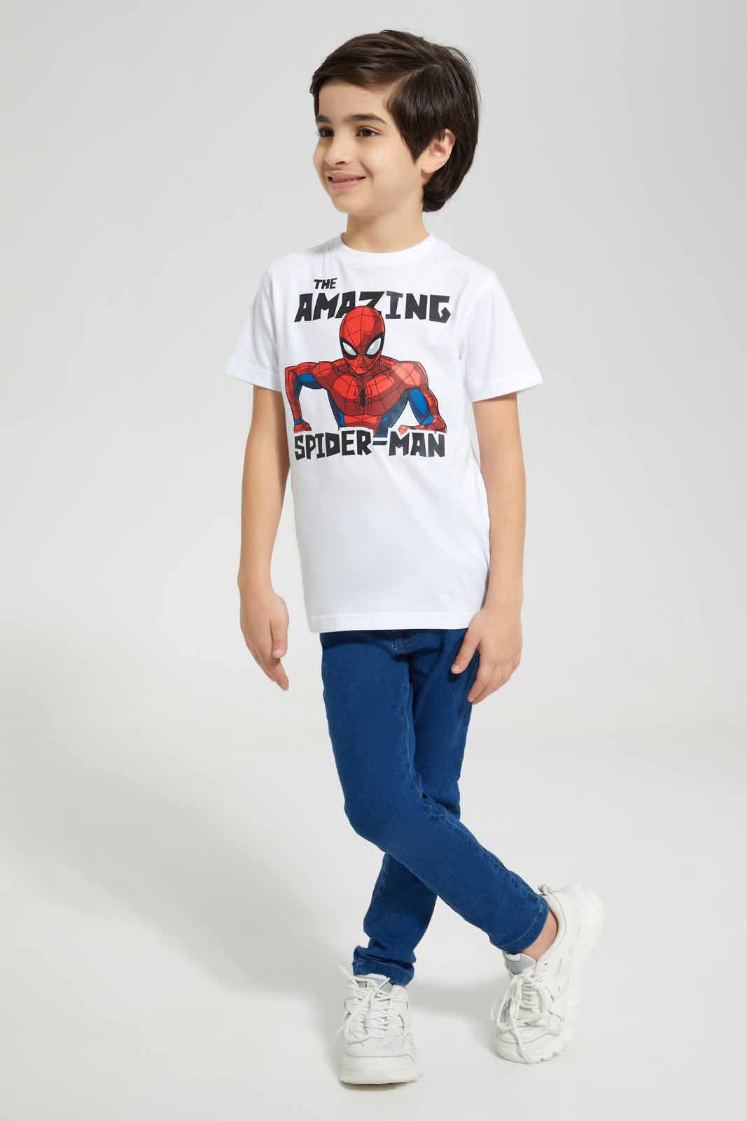 Redtag-White-Spiderman-Graphic-Character-Short-Sleeve-T-Shirt-BOY-T-Shirts,-Category:T-Shirts,-CHR,-Colour:White,-Deals:New-In,-Filter:Boys-(2-to-8-Yrs),-New-In-BOY-APL,-Non-Sale,-Section:Boys-(0-to-14Yrs),-TBL,-W22A-Boys-2 to 8 Years