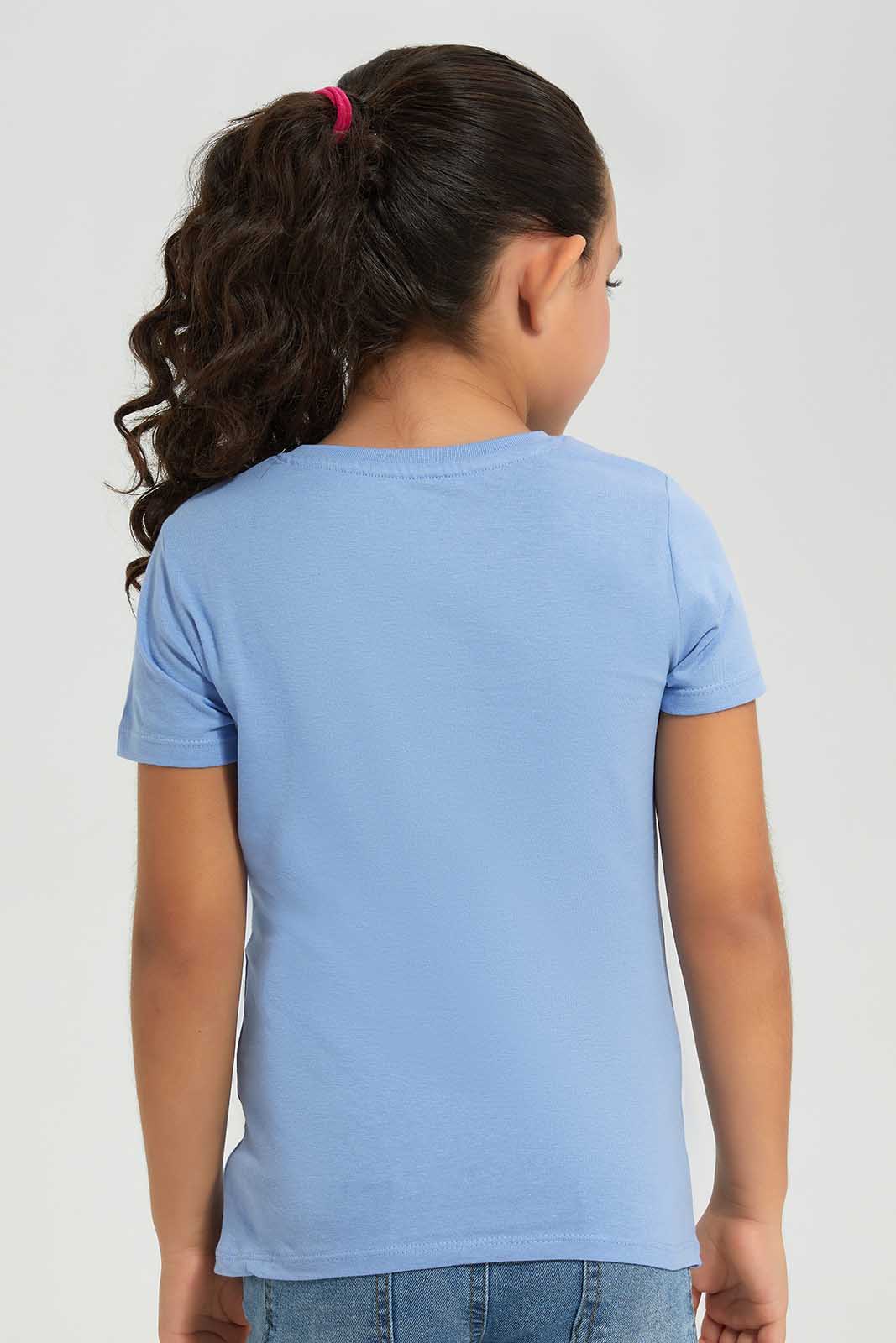 Redtag-Blue-Novelty-Glittle-Flower-Category:T-Shirts,-Colour:Blue,-Deals:New-In,-Filter:Girls-(2-to-8-Yrs),-GIR-T-Shirts,-New-In-GIR-APL,-Non-Sale,-Section:Girls-(0-to-14Yrs),-TBL,-W22A-Girls-2 to 8 Years