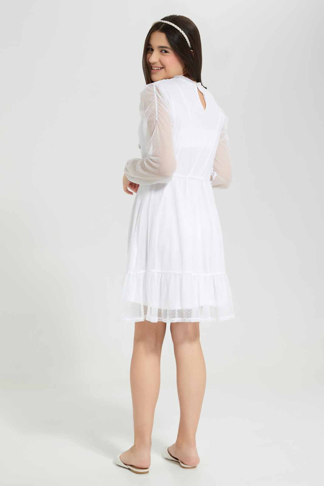 Redtag-White-Mesh-Dobby-Dress-Category:Dresses,-Colour:White,-Deals:New-In,-Filter:Senior-Girls-(8-to-14-Yrs),-GSR-Dresses,-New-In-GSR-APL,-Non-Sale,-Section:Girls-(0-to-14Yrs),-W22A-Senior-Girls-9 to 14 Years