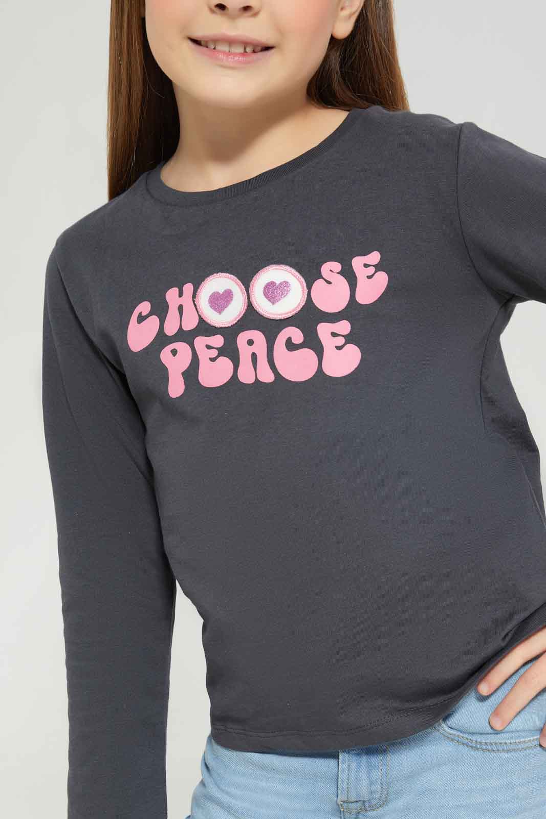 Redtag-Charcoal-Ls-Basic-Tee-Peace-Category:T-Shirts,-Colour:Charcoal,-Deals:New-In,-Dept:Girls,-Filter:Girls-(2-to-8-Yrs),-GIR-T-Shirts,-New-In-GIR-APL,-Non-Sale,-Section:Girls-(0-to-14Yrs),-TBL,-W22B-Girls-2 to 8 Years