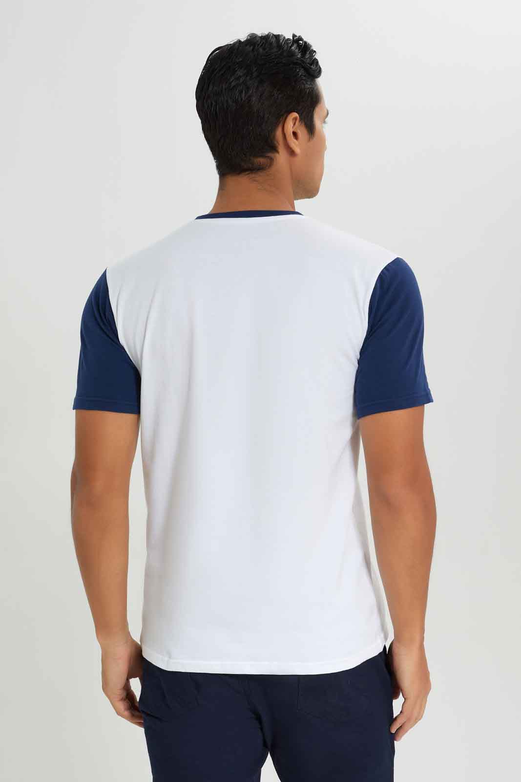 Redtag-White-Henley-T-Shirt-With-Navy-Sleeve-Category:T-Shirts,-Colour:White,-Deals:New-In,-Dept:Menswear,-Filter:Men's-Clothing,-Men-T-Shirts,-New-In-Men-APL,-Non-Sale,-Section:Men,-W22B-Men's-