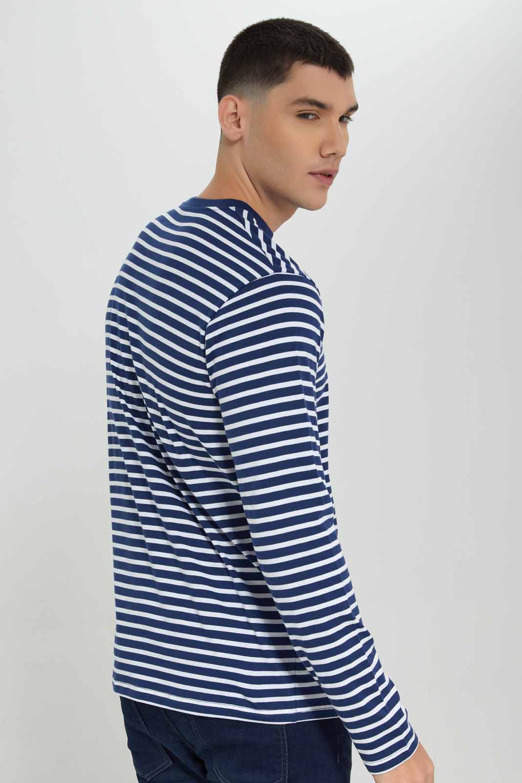 Redtag-White/Navy-Striper-L/S-Henley-T-Shirt-Category:T-Shirts,-Colour:White,-Deals:New-In,-Filter:Men's-Clothing,-Men-T-Shirts,-NDAY,-New-In-Men-APL,-Non-Sale,-Section:Men,-W22B-Men's-