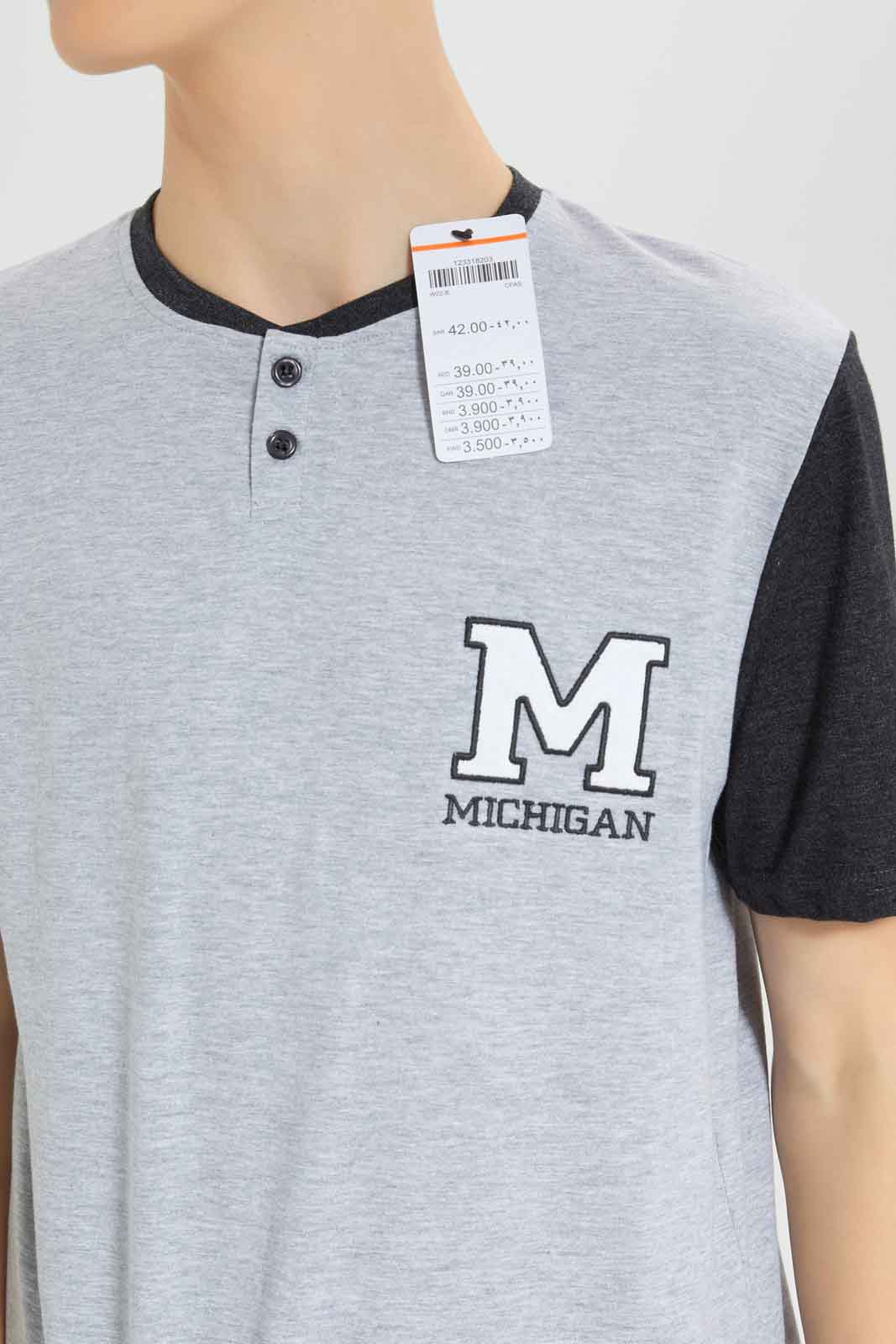 Redtag-Grey-Henley-T-Shirt-With-Charcoal-Sleeve-Category:T-Shirts,-Colour:Grey,-Deals:New-In,-Dept:Menswear,-Filter:Men's-Clothing,-Men-T-Shirts,-New-In-Men-APL,-Non-Sale,-Section:Men,-W22B-Men's-
