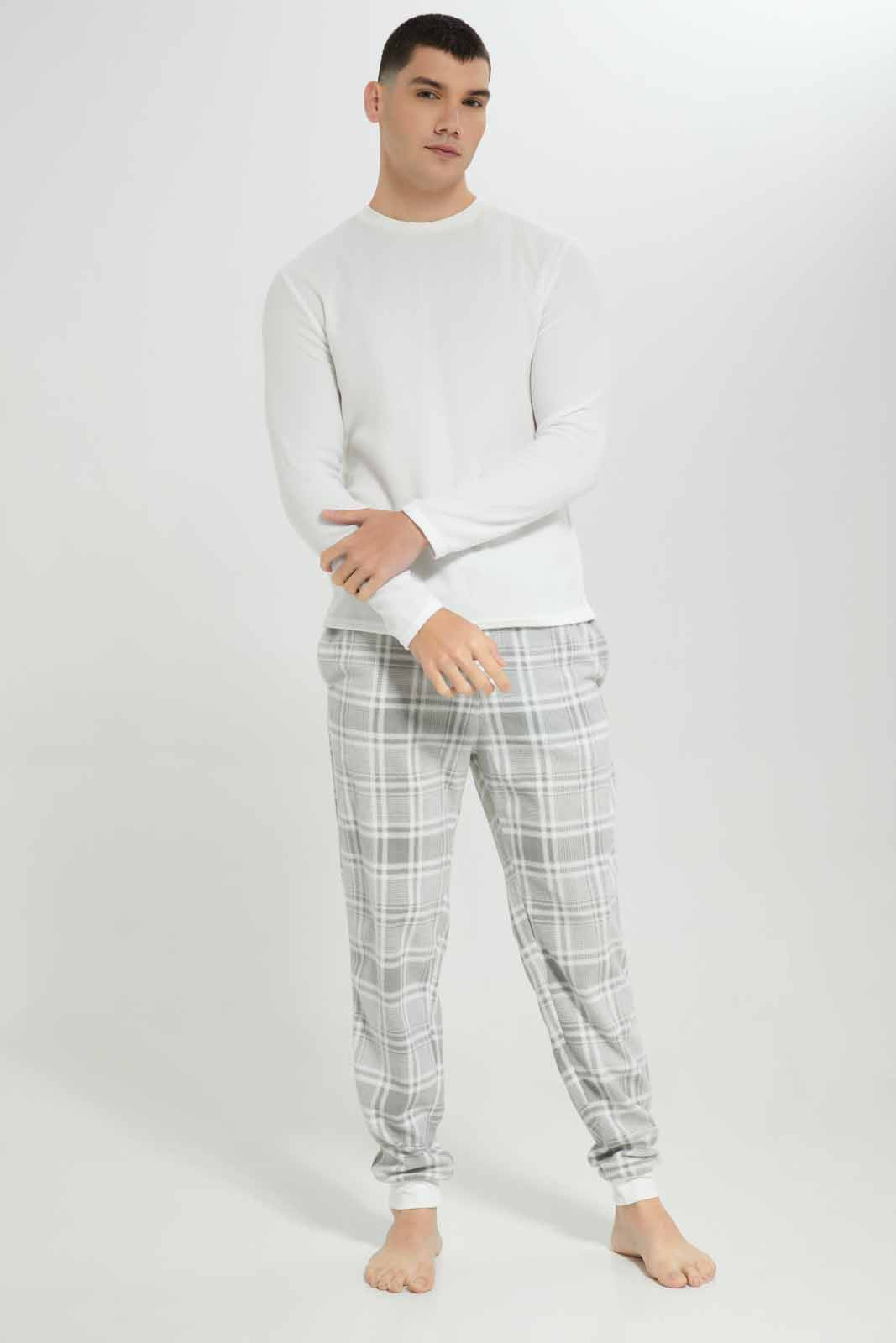Men White Checkered Pyjama Set (2 Piece)
