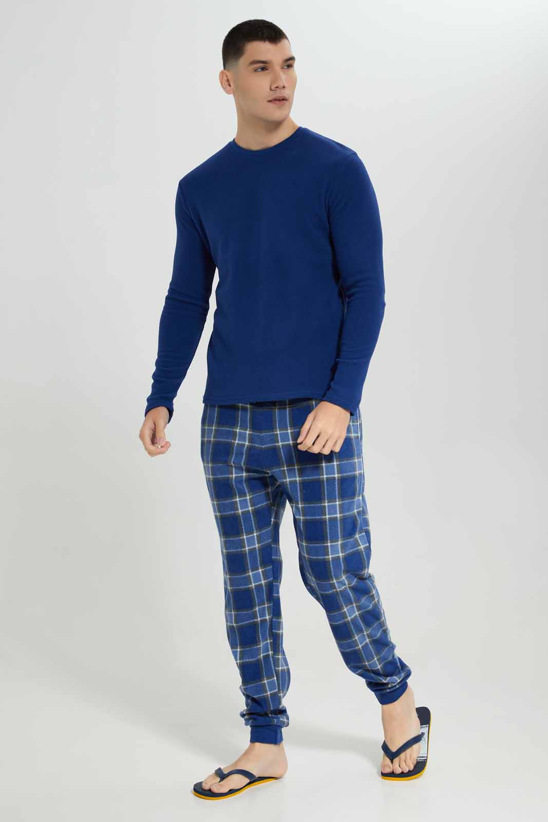 Men Navy Checkered Pyjama Set (2 Piece)